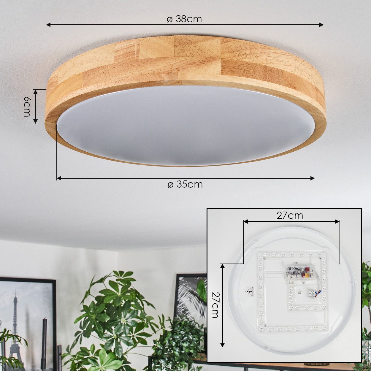 hofstein Deckenleuchte dimbare Deckenlampe aus Metall/Holz/Kunststoff in Weiß/Natur, ohne Leuchtmittel, dimmbare Boho-Leuchte (38 cm), 2500 Lumen, 3000-6000K, F – Bild 4 von 5