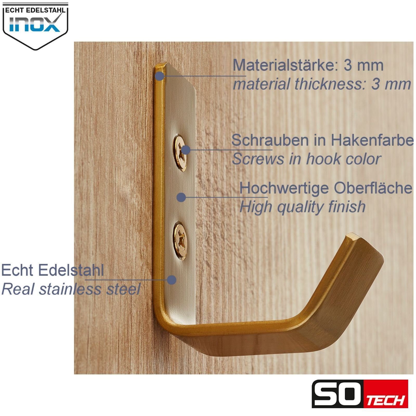 SO-TECH® Kleiderhaken Wandhaken, aus Edelstahl, 60 x 20 x 45 mm, (1-St), kleiner Jackenhaken mit abgerundeten Kanten gelb