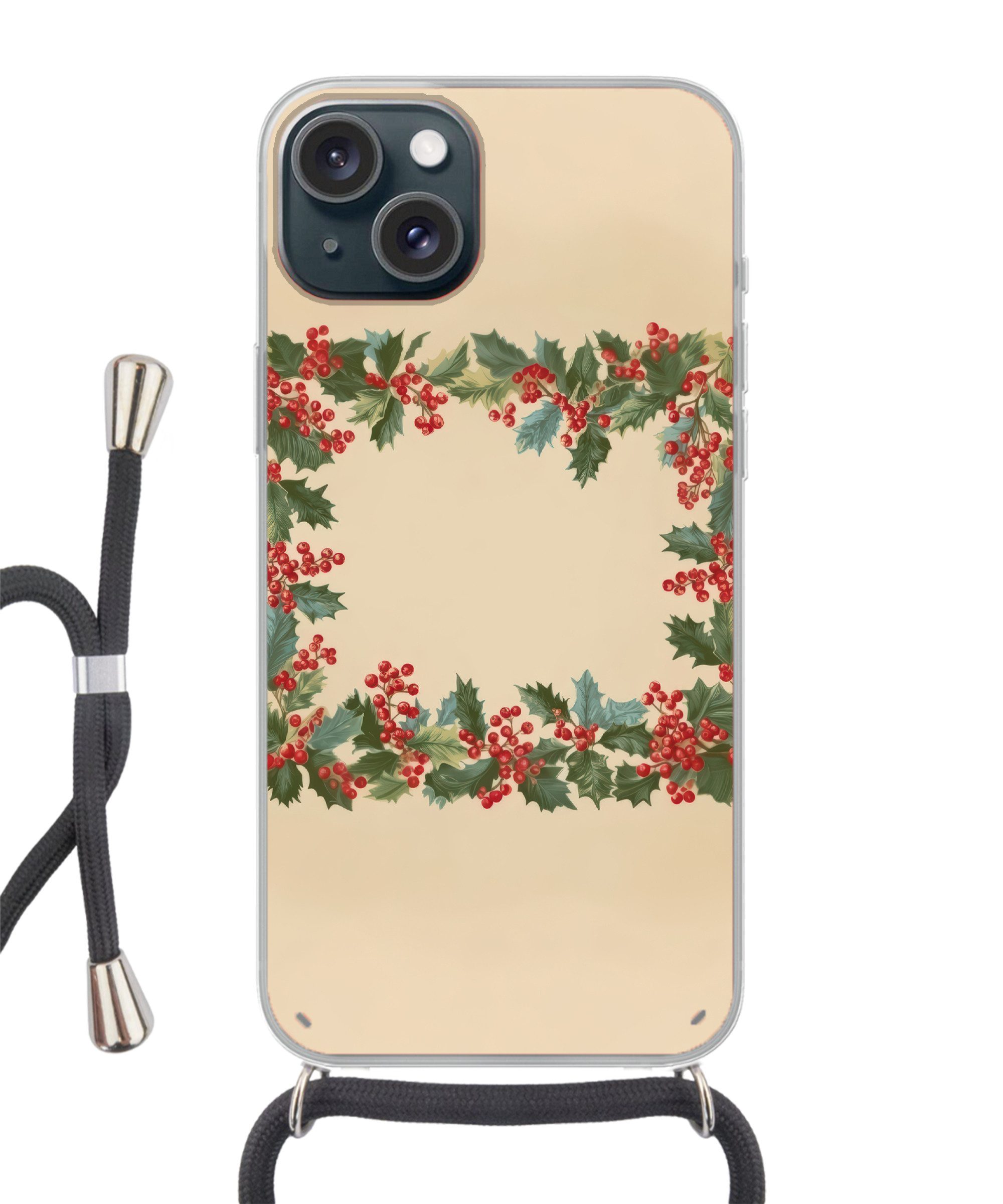 MuchoWow Handyhülle für Apple iPhone 15 Hulstrand - Beeren - Beige, Tragbare Handyhüllen mit Kette zum umhängen, Handykette Handyband