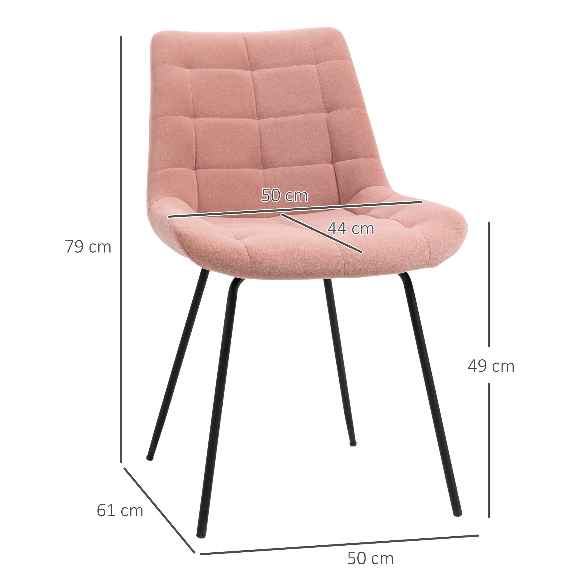 HOMCOM Esszimmerstuhl Polsterstuhl mit Rückenlehne, Sitzbezug aus Samt (Küchenstuhl, 2 St), im Retrodesign, Stahlbeine, Rosa 50 x 61 x 79 cm