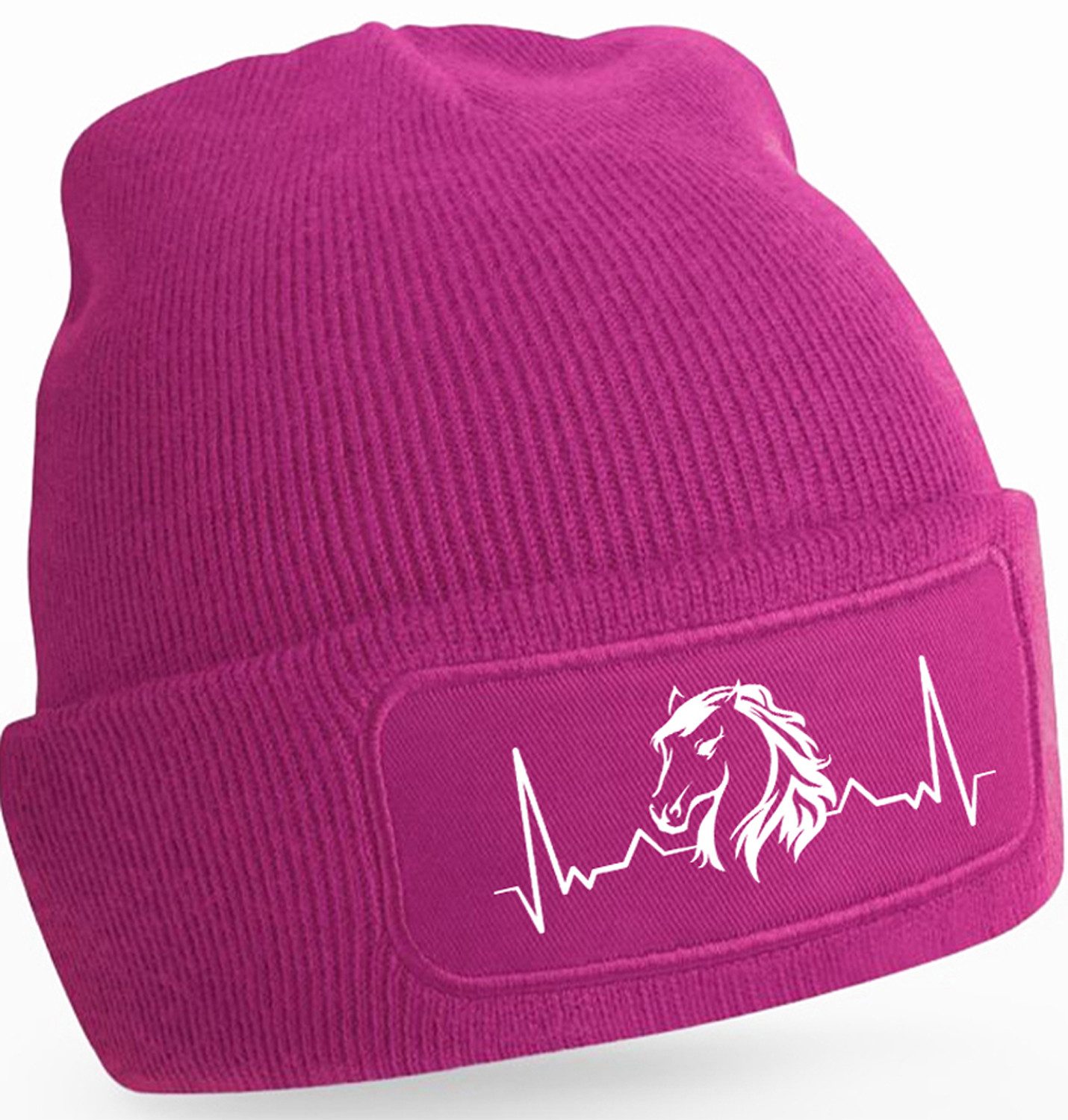 Strickmütze für kalte Tage - Beanie mit Umschlag und Herzschlag Pferde Print