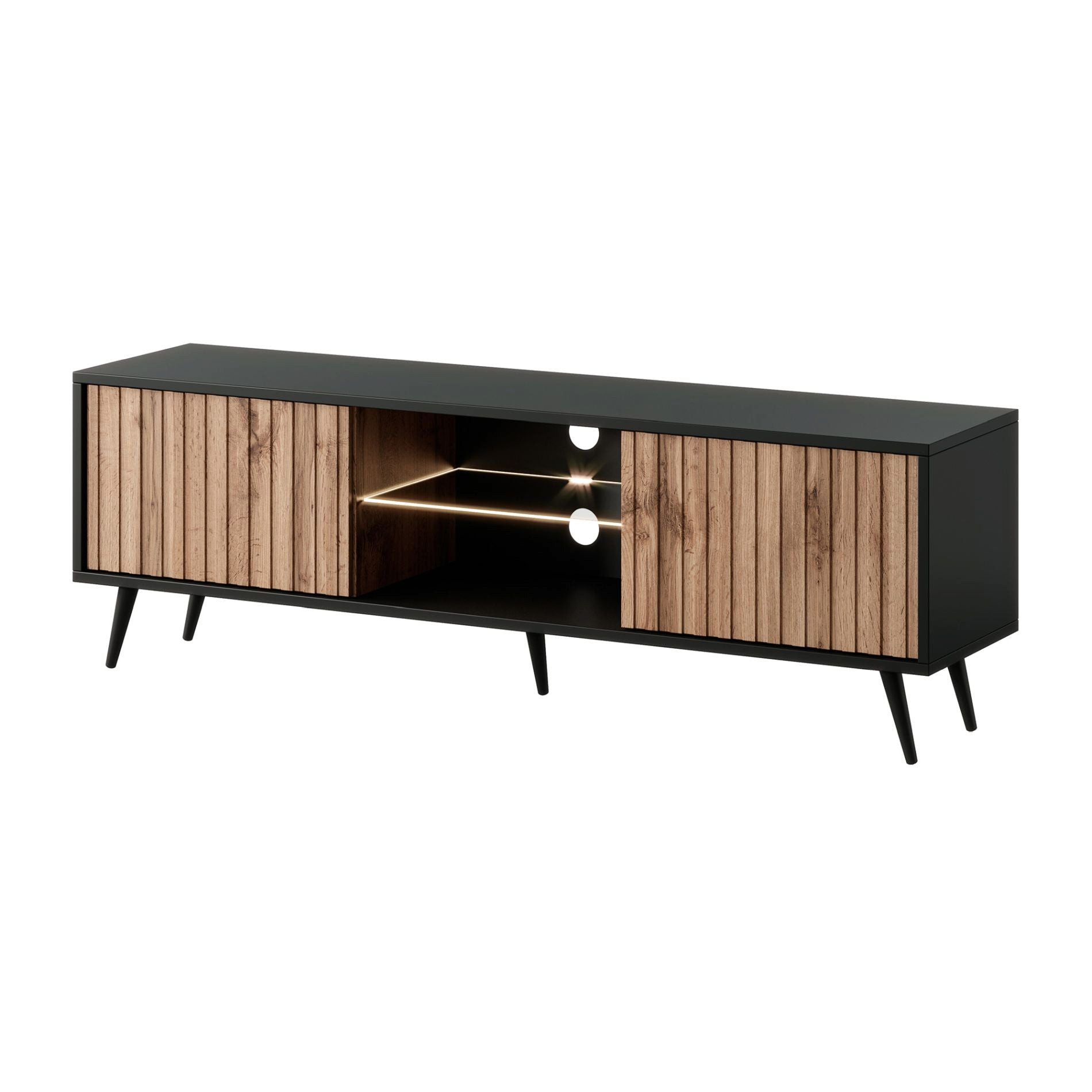 Selsey TV-Schrank BELLO mit schwarzen Füßen, Lamellenfronten und LED, 135 cm