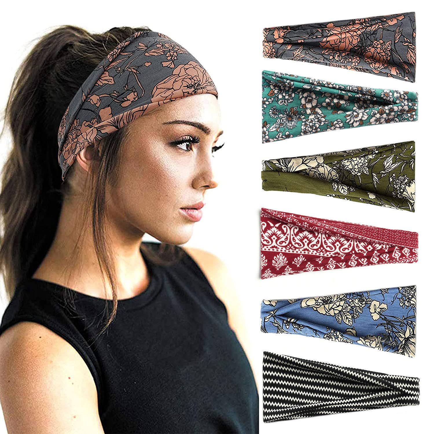 Zaewry Haargummi Stirnband Damen Sport, 6 Pack Haarband Haarbänder Damen Herren, 6-tlg., Antirutsch Stirnbänder Elastisch Headband Hair Band Sport Yoga Workout
