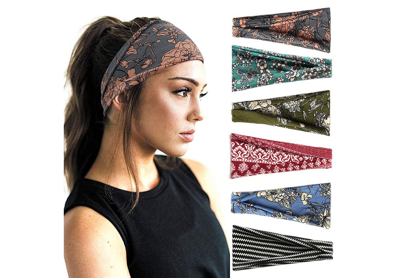 Zaewry Haargummi Stirnband Damen Sport, 6 Pack Haarband Haarbänder Damen Herren, 6-tlg., Antirutsch Stirnbänder Elastisch Headband Hair Band Sport Yoga Workout