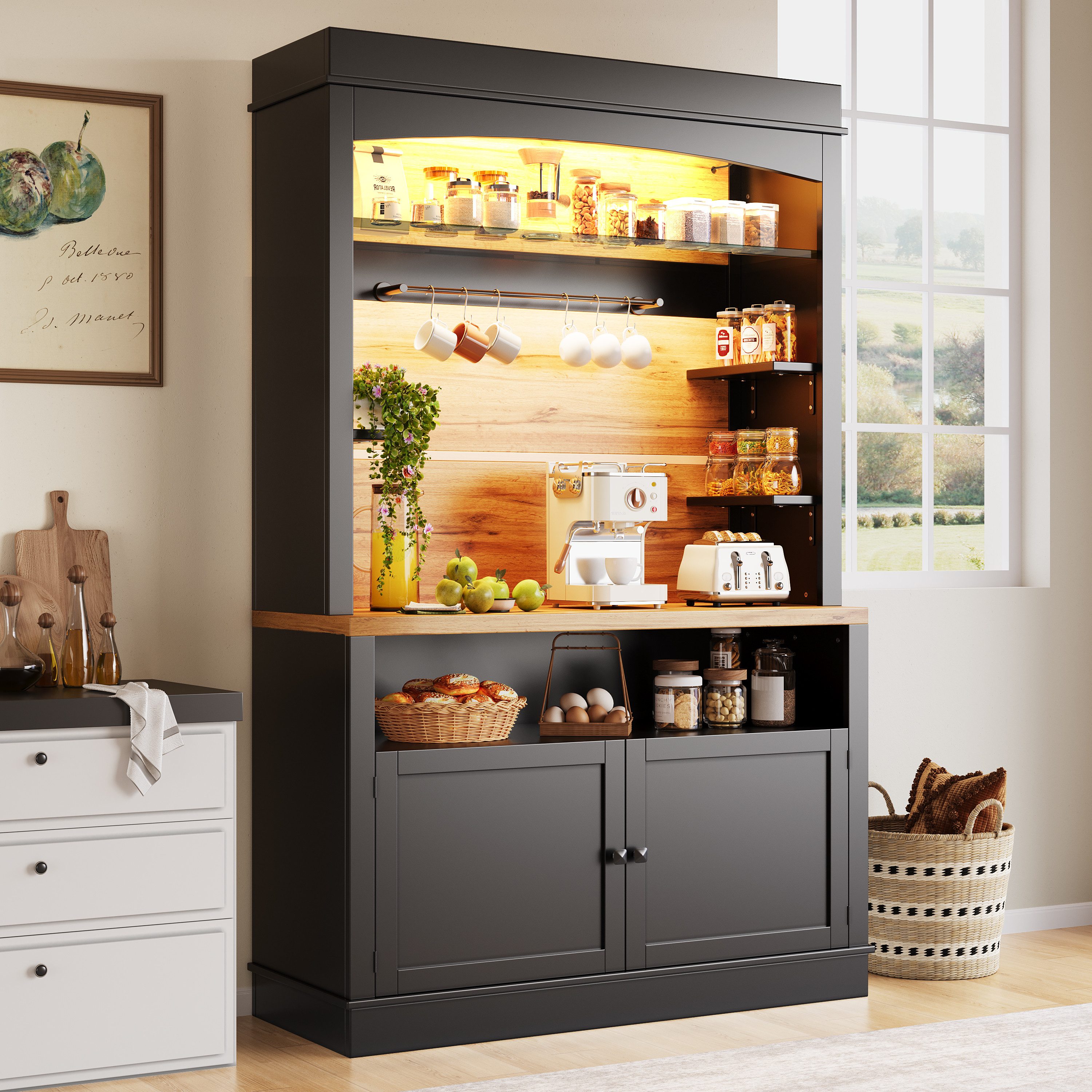 OKWISH Hochschrank Küchenbuffet,Kommode,Sideboard (mit LED-Beleuchtung, Kippschutz und vielseitigem Stauraum, 1-St., 107*43*184cm)
