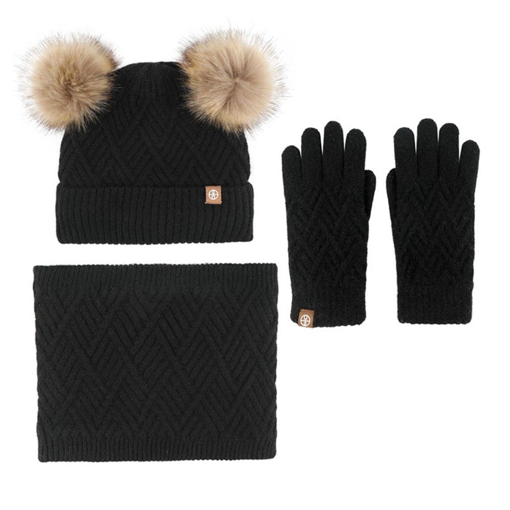 Kinder Mütze Set LYDMN Warmes für Schal Handschuhe & Kinder Lätzchen, Schal für schwarz (Mütze, Wintermütze, dreiteiliges und Handschuhe)