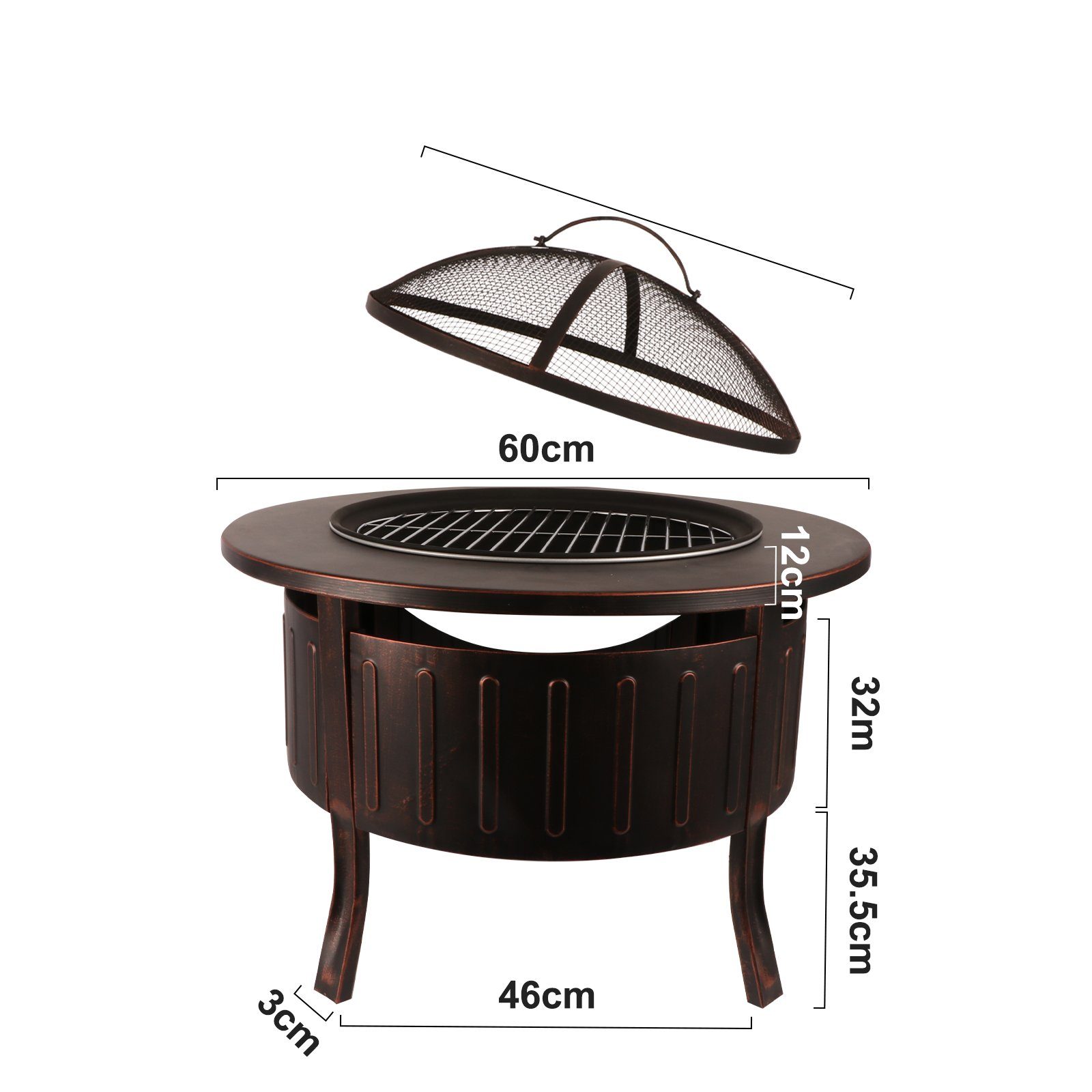 BIGTREE Feuerschale 3 in1 Feuerschalenfür,mit Funkenschutz Grillrost, BBQ