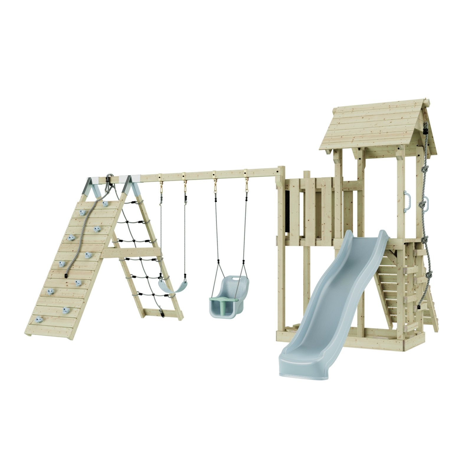 OutdoorToys Spielturm Roskilde, aus Holz in Eisblau mit Babyschaukel