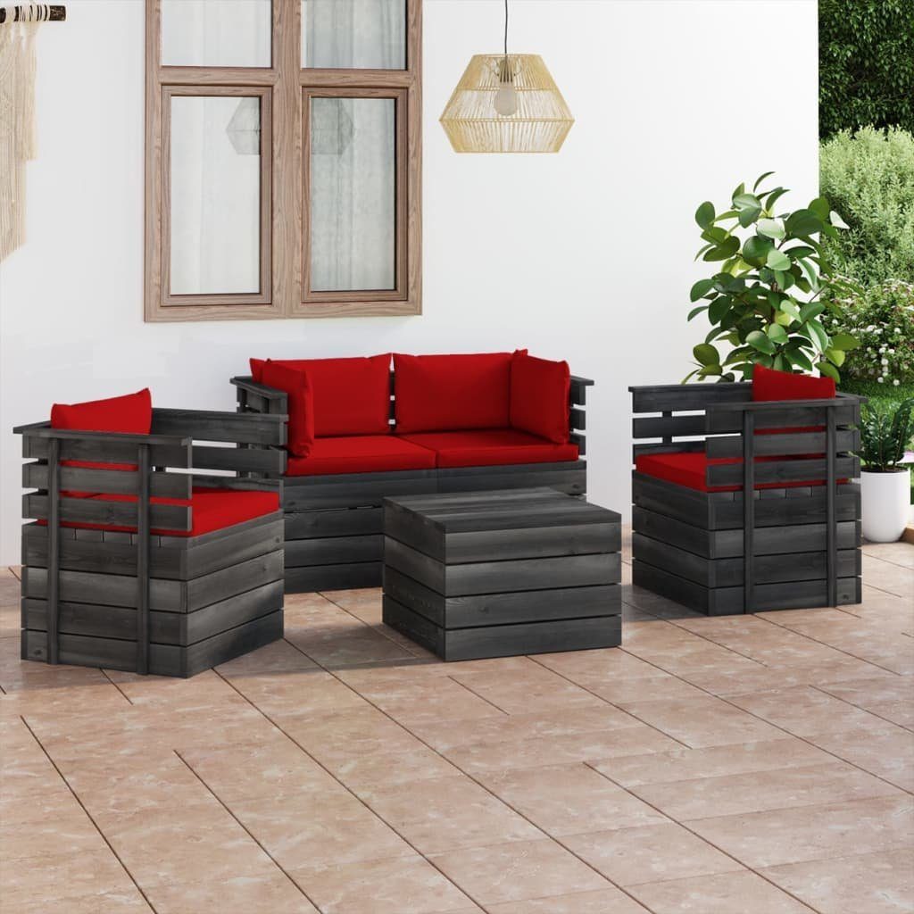 Gartenlounge-Set Rot Paletten aus mit Garten-Sofagarnitur Kissen 5-tlg. (5-tlg) Kiefernholz, vidaXL