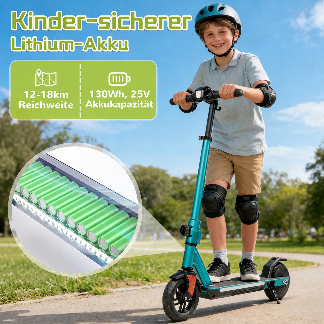 Vankel Elektro-Kinderroller Kinder E-Scooter, klappbar mit LEDs, 12-18km, Höhenverstellbar, Ab 6 Jahren, EBS & Fußbremse, mit Haken und hellem Frontlicht
