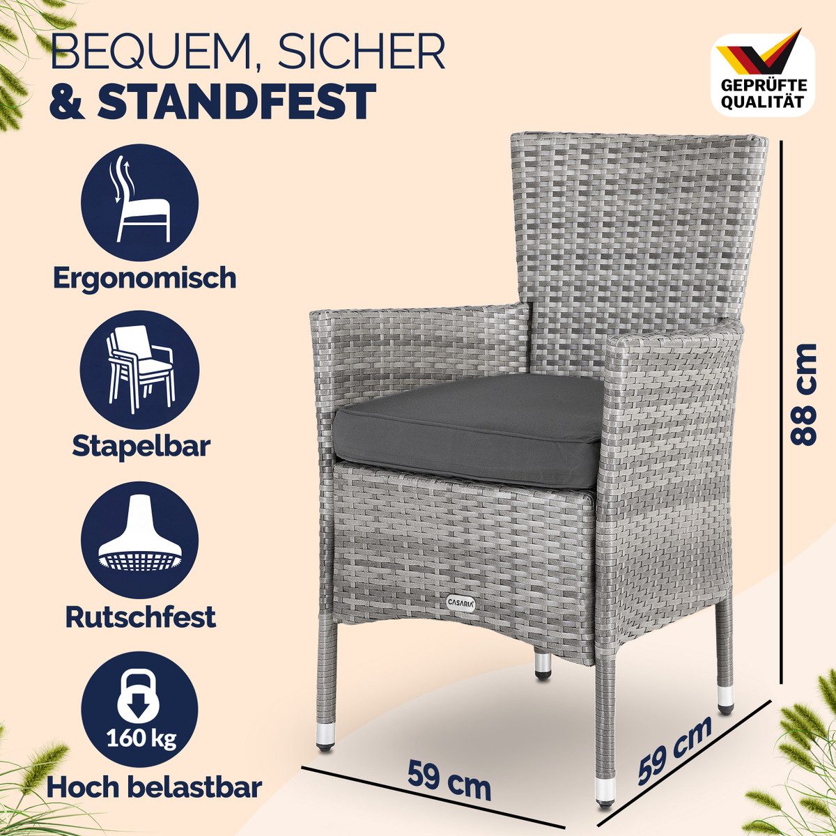 Casaria Gartenstuhl (4 St), Polyrattan 4er Set Stapelbar 7 cm Auflagen 160 kg Belastbarkeit