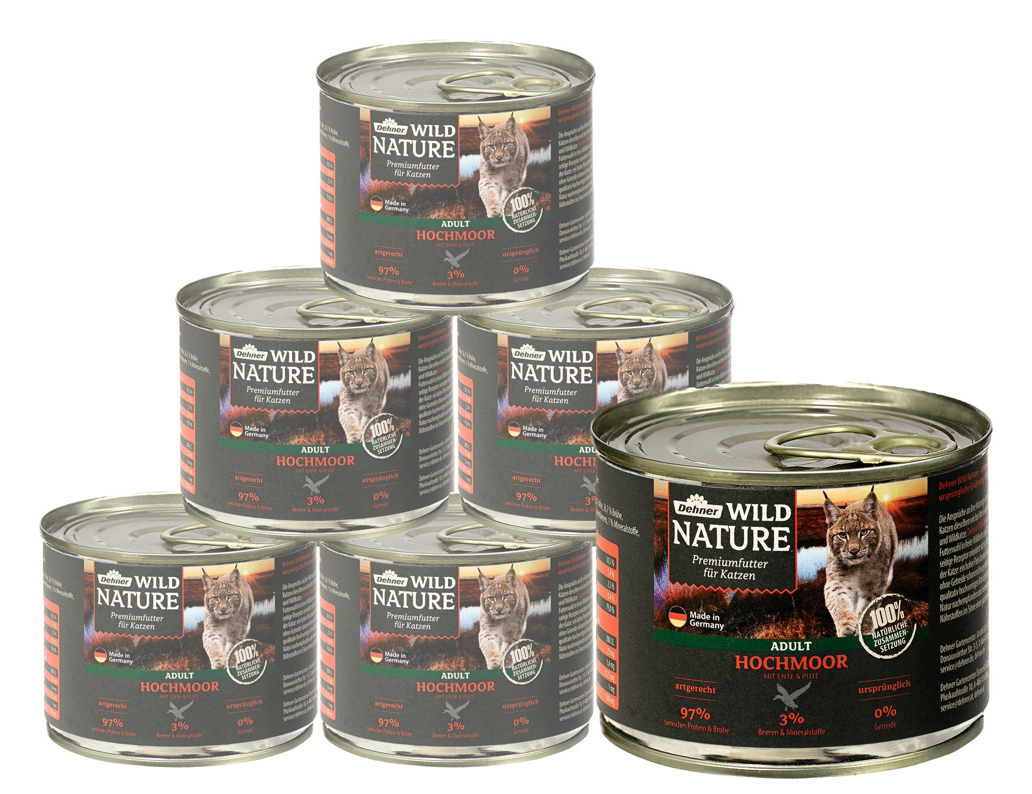 Dehner Wild Nature Hochmoor Adult Ente / Pute, 6 x 200 / 400g Dose Ente, 1200g, Nassfutter für ausgewachsene Katzen, glutenfrei