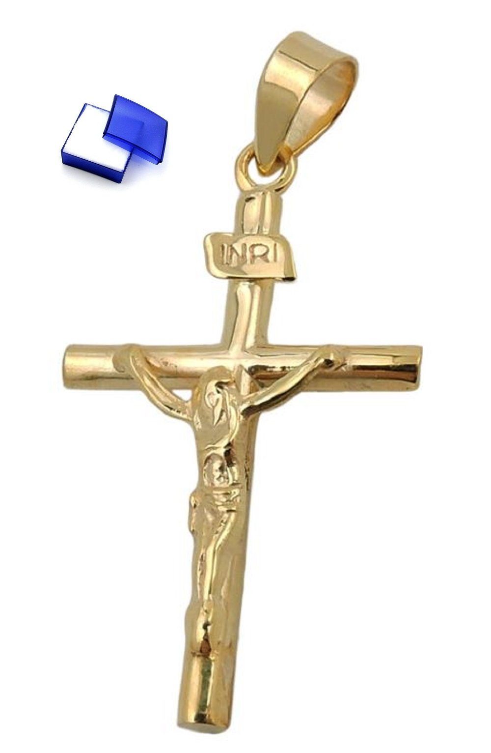 unbespielt Kreuzanhänger Anhänger Kreuz mit Jesus glänzend 375 Gold 24 x 14 mm kl. Schmuckbox, Goldschmuck für Damen und Herren