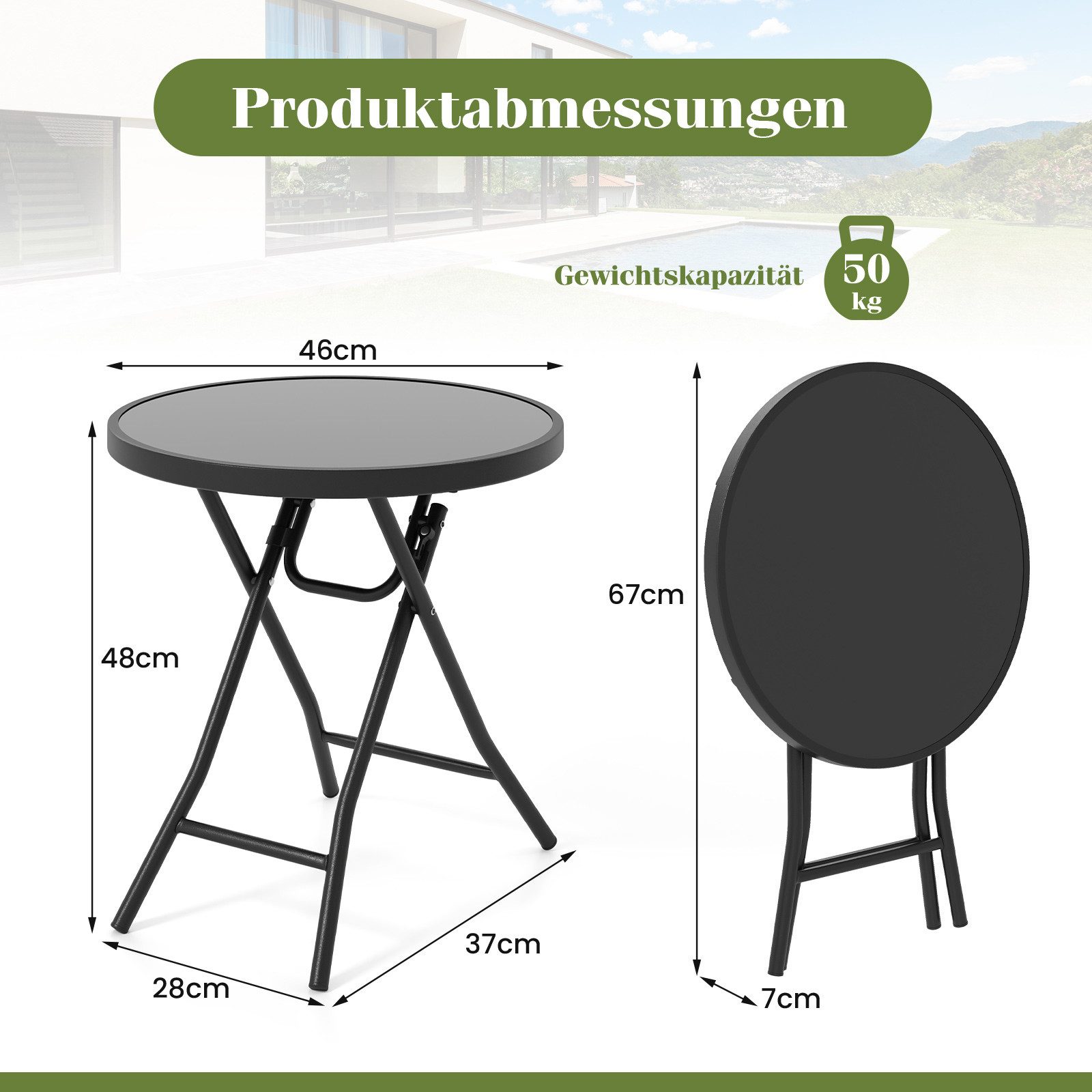 COSTWAY Gartentisch, Klapptisch, Beistelltisch klappbar, rund
