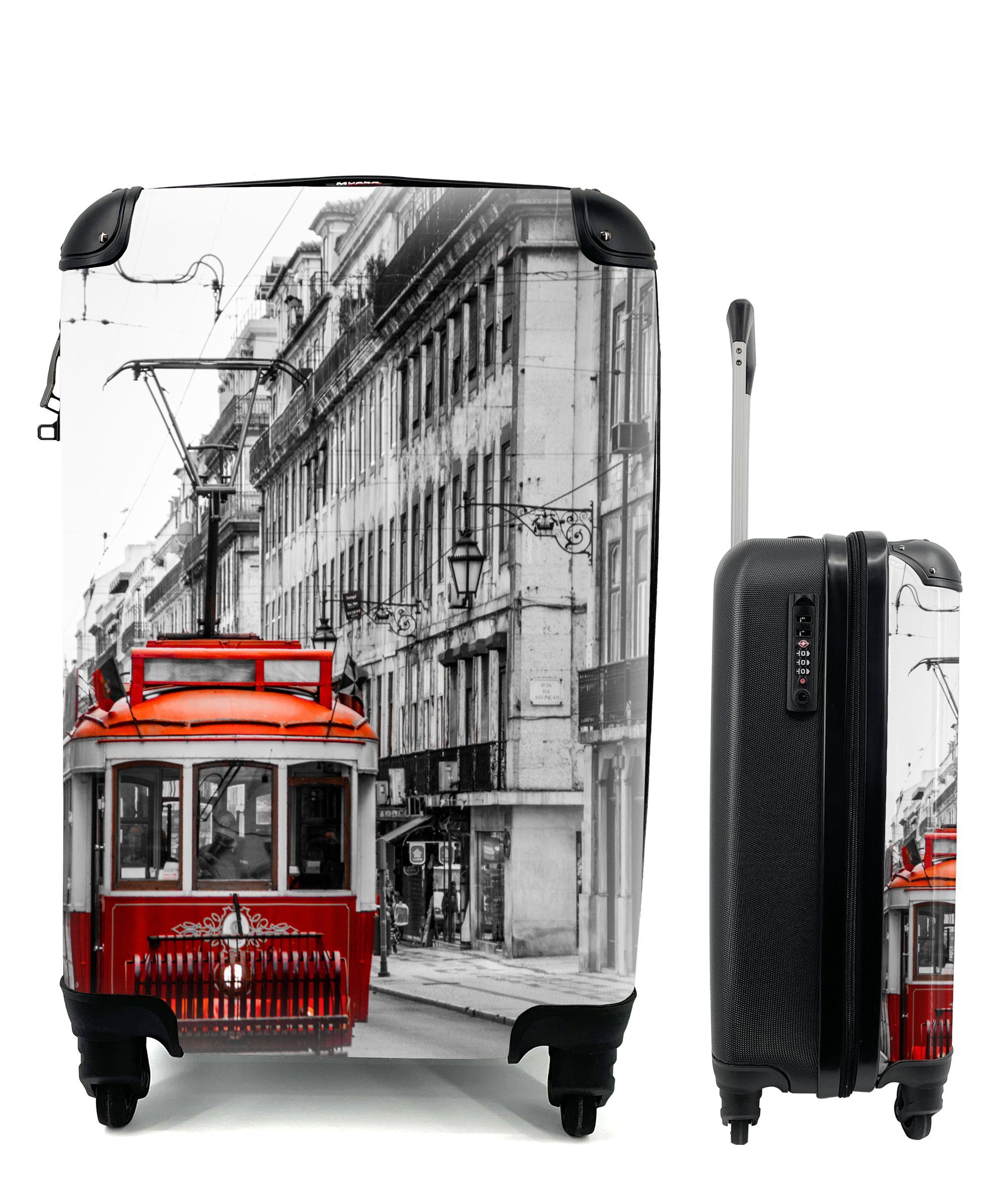 MuchoWow Handgepäckkoffer Schwarz-Weiß-Foto eines alten roten Zuges, 4 Rollen, Reisetasche mit rollen, Handgepäck für Ferien, Trolley, Reisekoffer