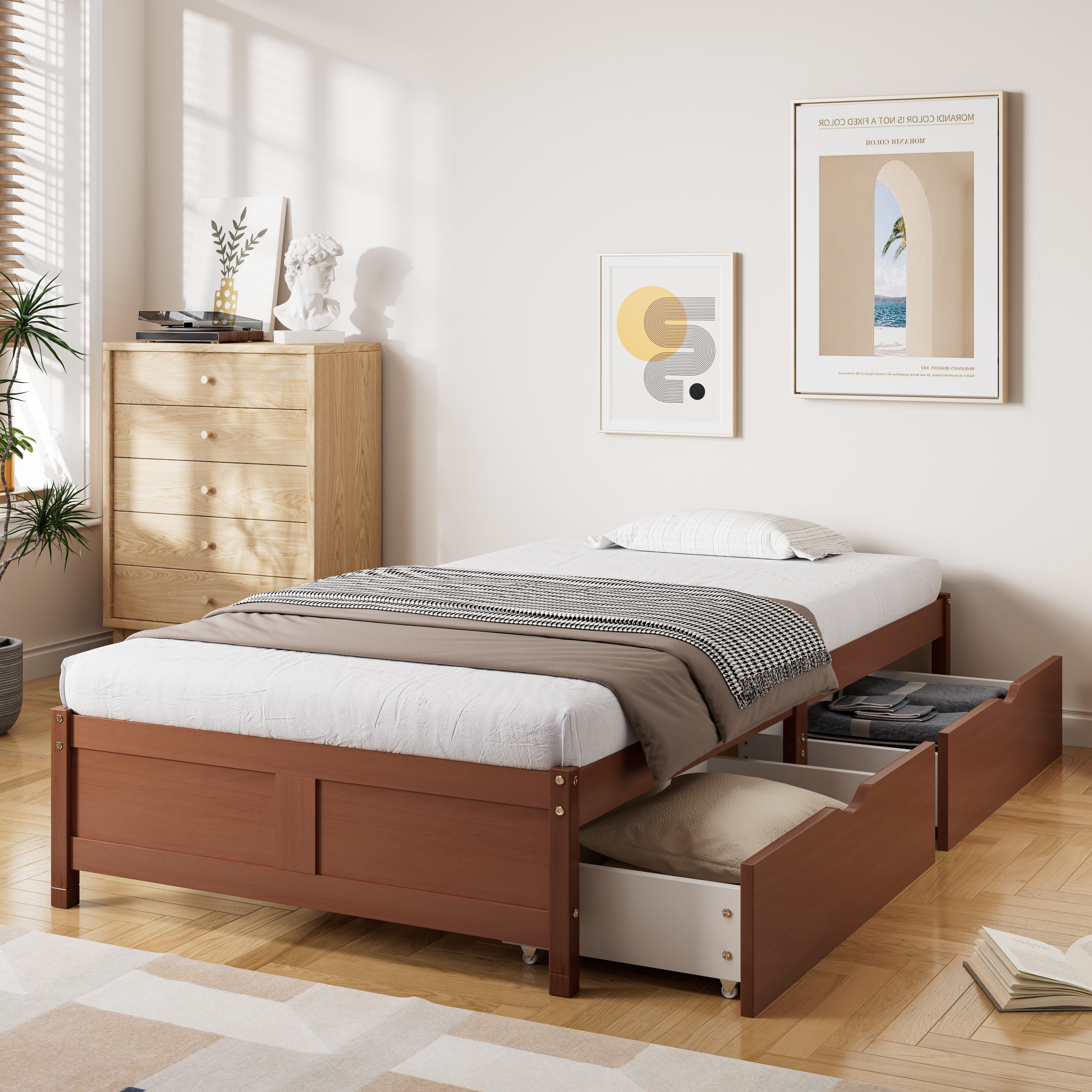 MODFU Stauraumbett Flachbetten Holzbett (mit Schubladen auf Rollen, Massivh günstig online kaufen