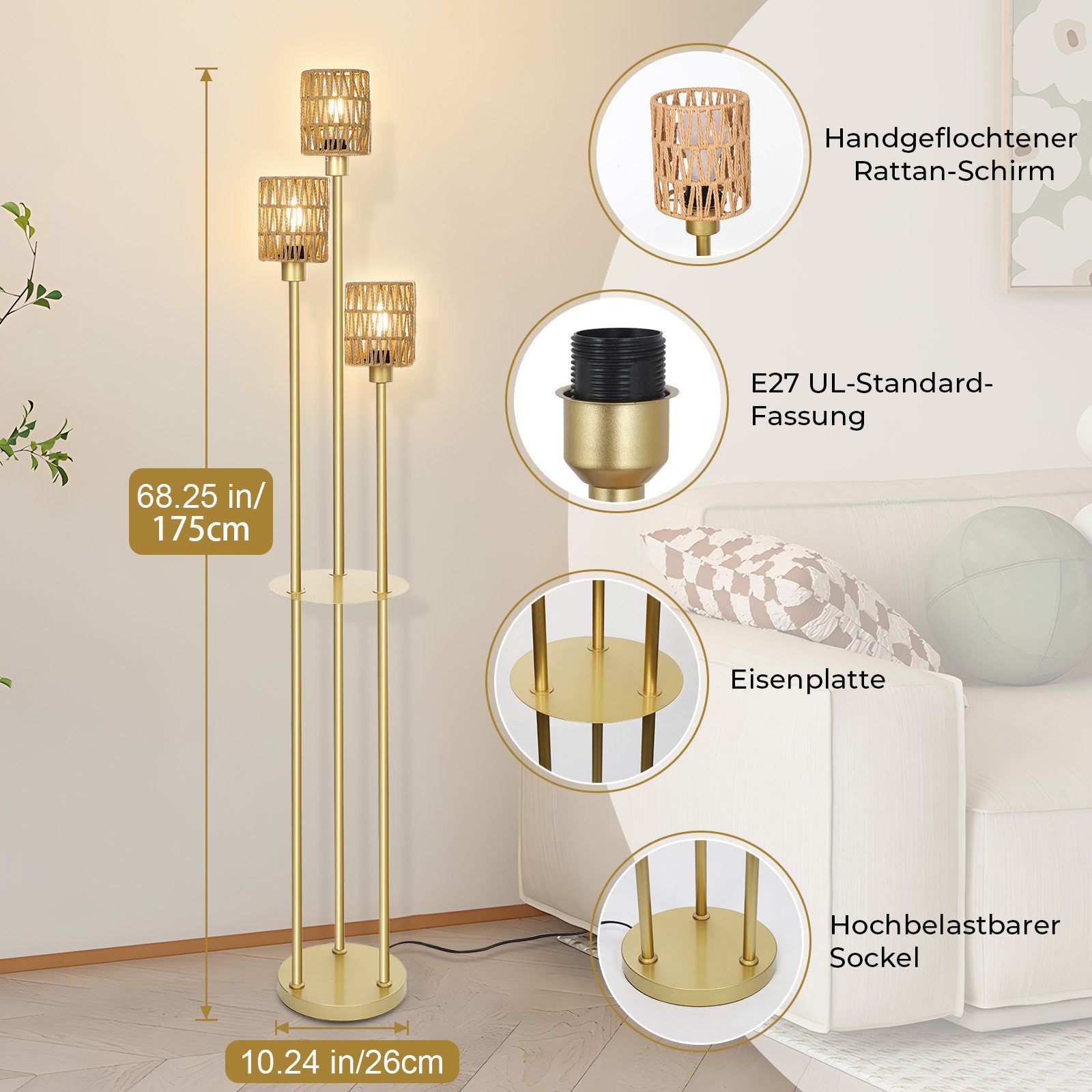 Sunicol Stehlampe Rattan Stehlampe mit Metall Regal, mit 3 Glühbirnen, 3 Fa günstig online kaufen