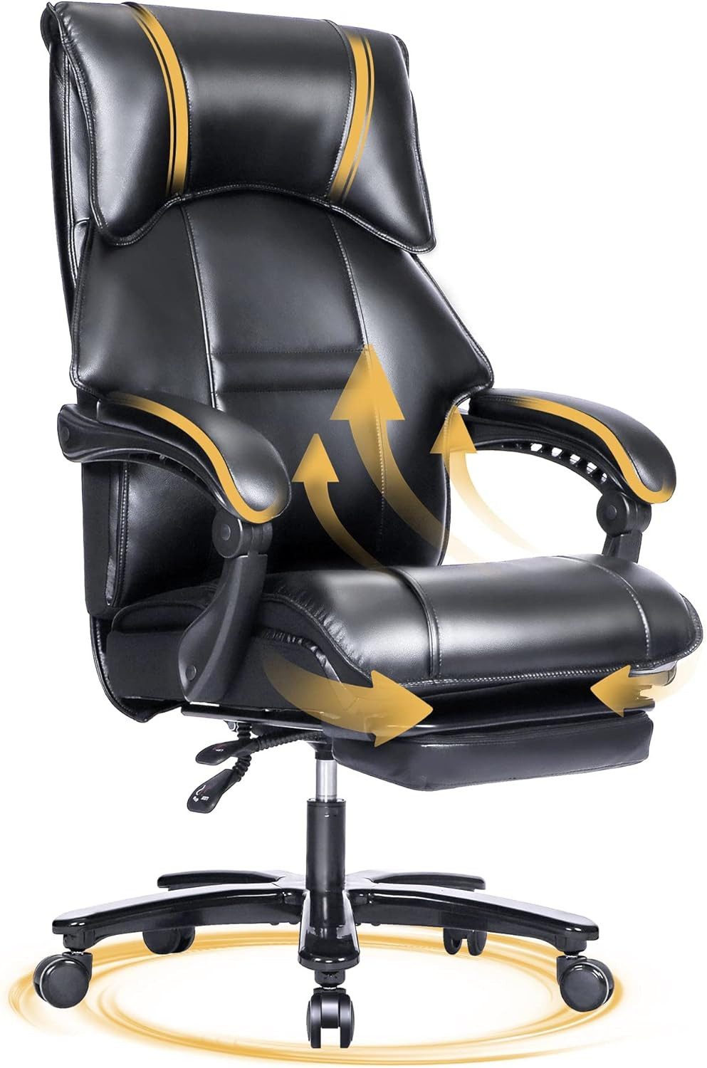 liebtech Gaming Chair Chefsessel aus PU-Leder, hohe Rückenlehne, stabiles Metallgestell (Drehbarer Schreibtischstuhl mit gepolsterten Verbindungsarmlehnen), Bürostuhl 200kg belastbar mit Fußstütze