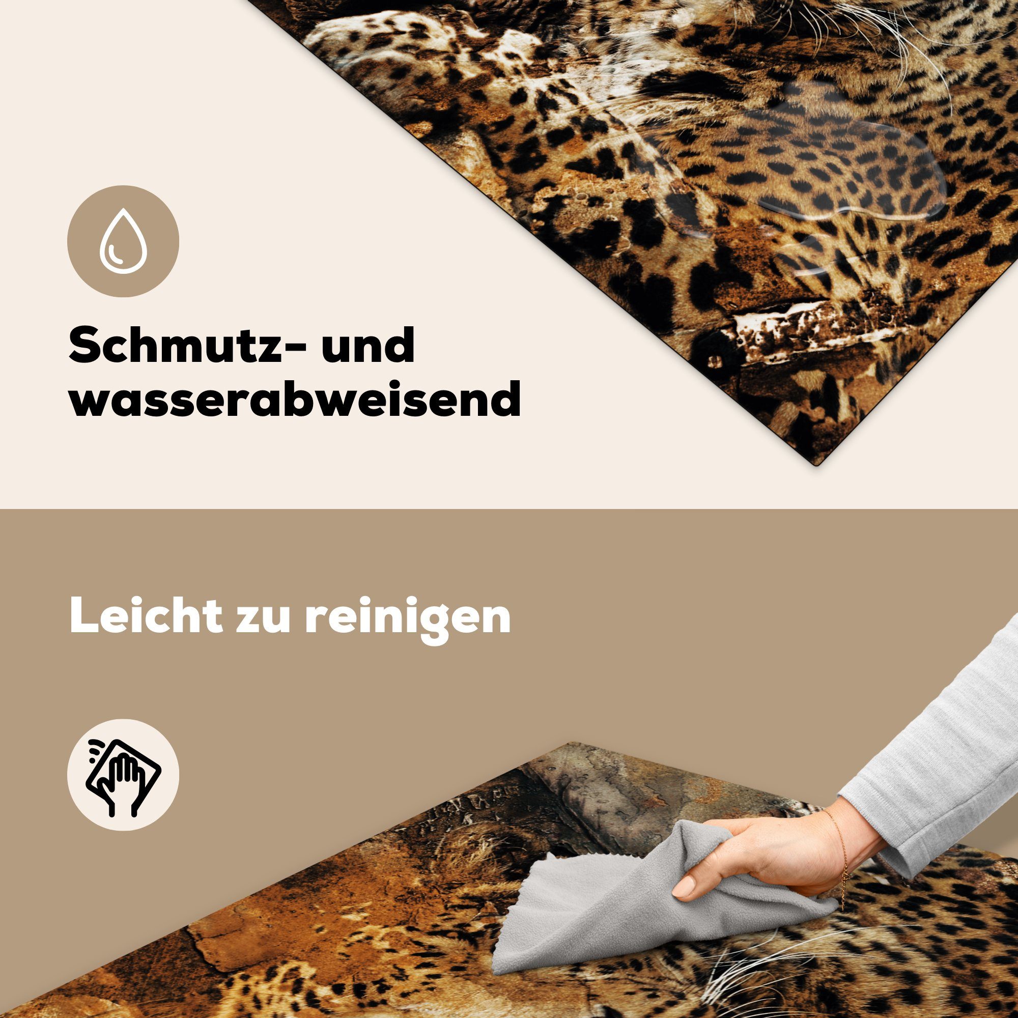 küche tlg), (1 Arbeitsplatte MuchoWow 78x78 Wild, - Herdblende-/Abdeckplatte - Tiere cm, Ceranfeldabdeckung, für Leopard Vinyl,