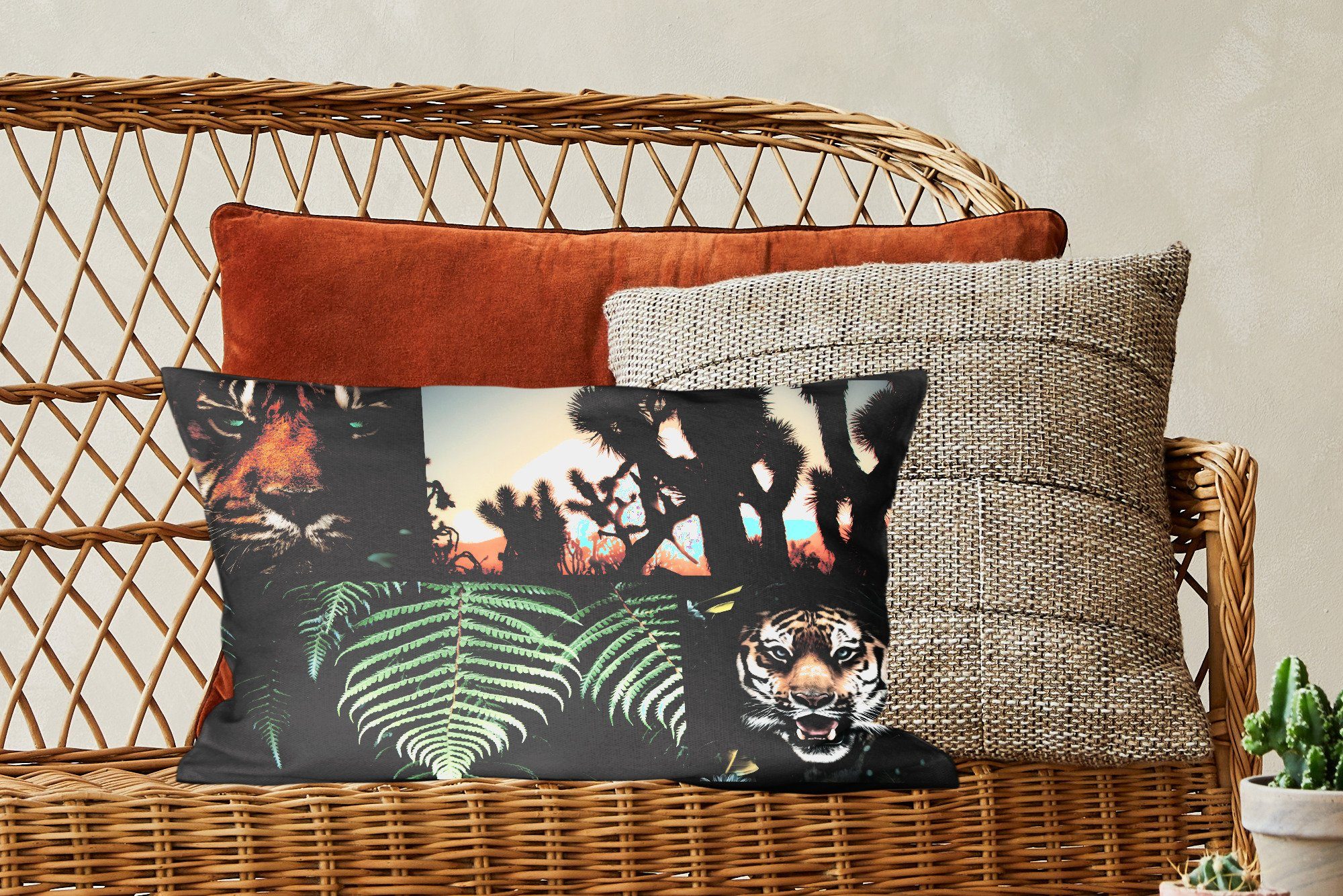 Dekokissen - Dekokissen Zierkissen, Tiger MuchoWow Collage - mit Dekoration, - Pflanzen Wohzimmer Schlafzimmer Sonnenuntergang, Füllung,