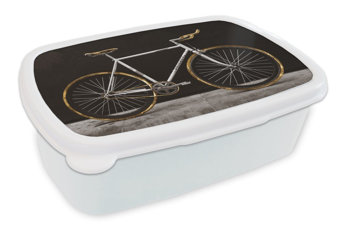 MuchoWow Lunchbox Rennrad - Schwarz - Gold, Kunststoff, (2-tlg), Brotbox für Kinder und Erwachsene, Brotdose, für Jungs und Mädchen weiß