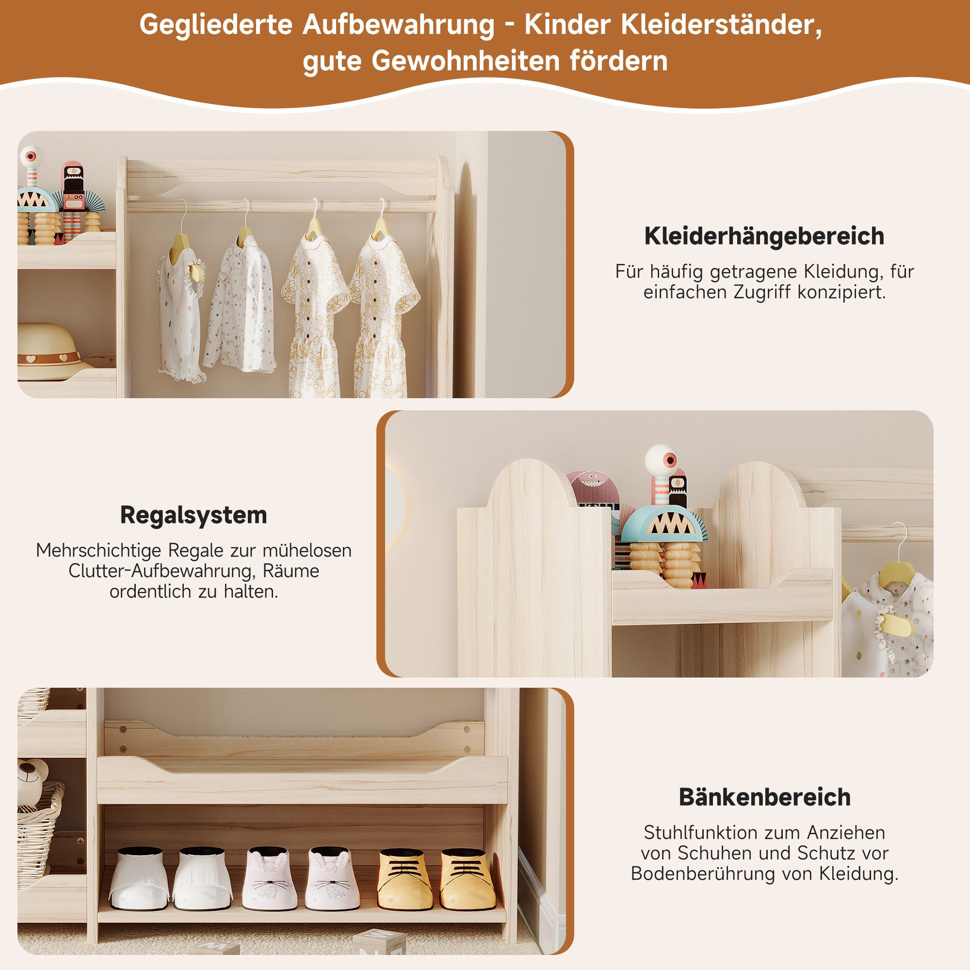 Flieks Garderoben-Set, Kleiderständer Kindergarderobe mit Stange und 4 Regal 110x39x110cm