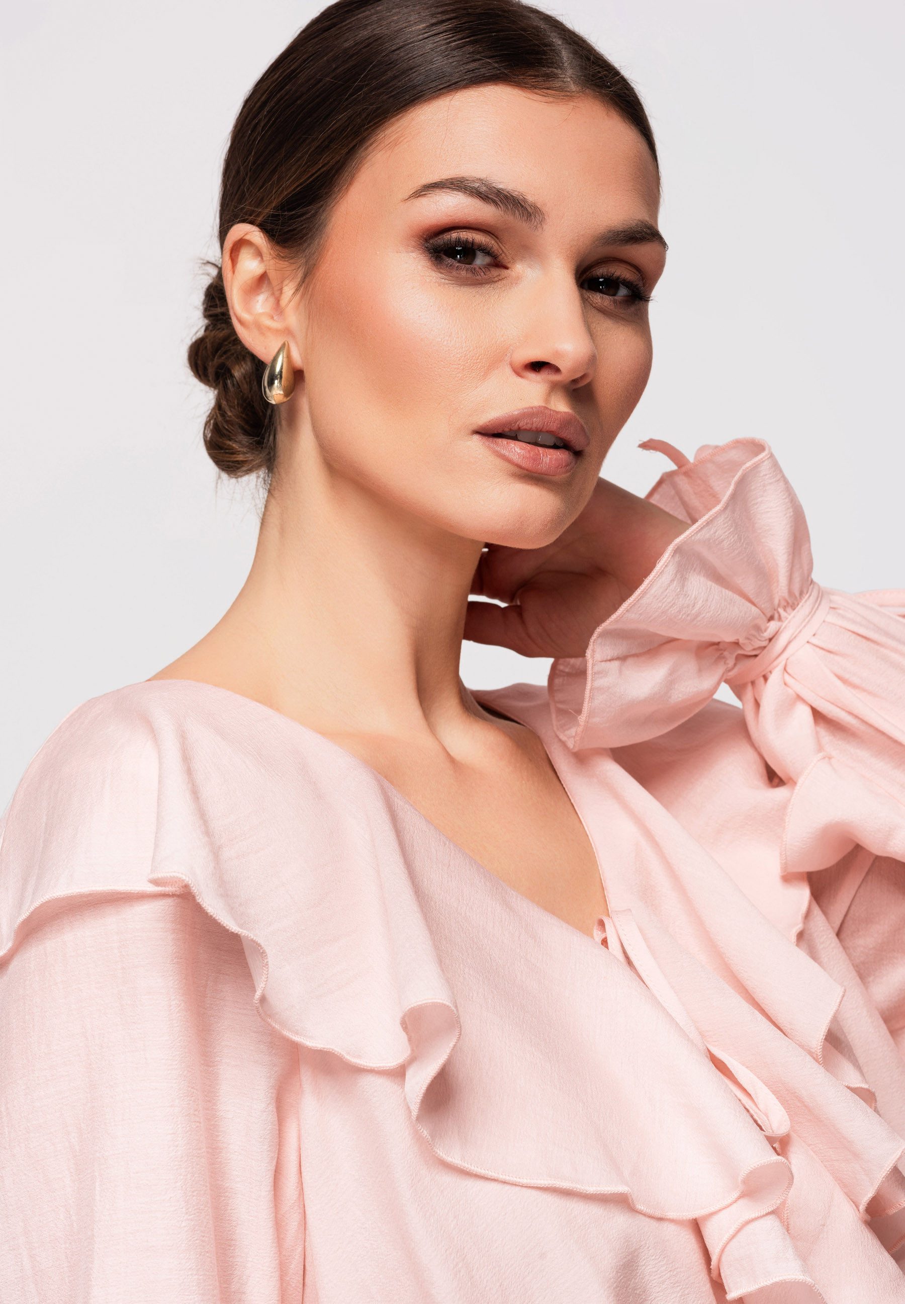 OMBRE Langarmbluse Damen Langarmbluse Volant V-Ausschnitt Elegant Rose L (kein Set, 1-tlg) Volant am Ausschnitt