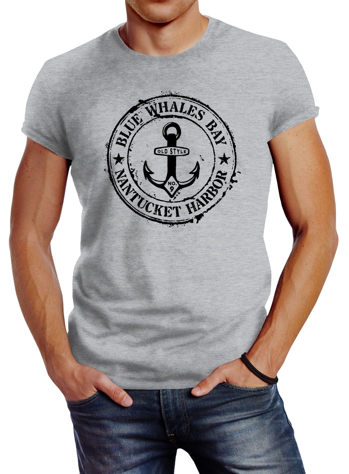 maritim mit Print Neverless grau Anchor Motiv Retro Print Print-Shirt Herren Badge Vintage Neverless® Anker T-Shirt