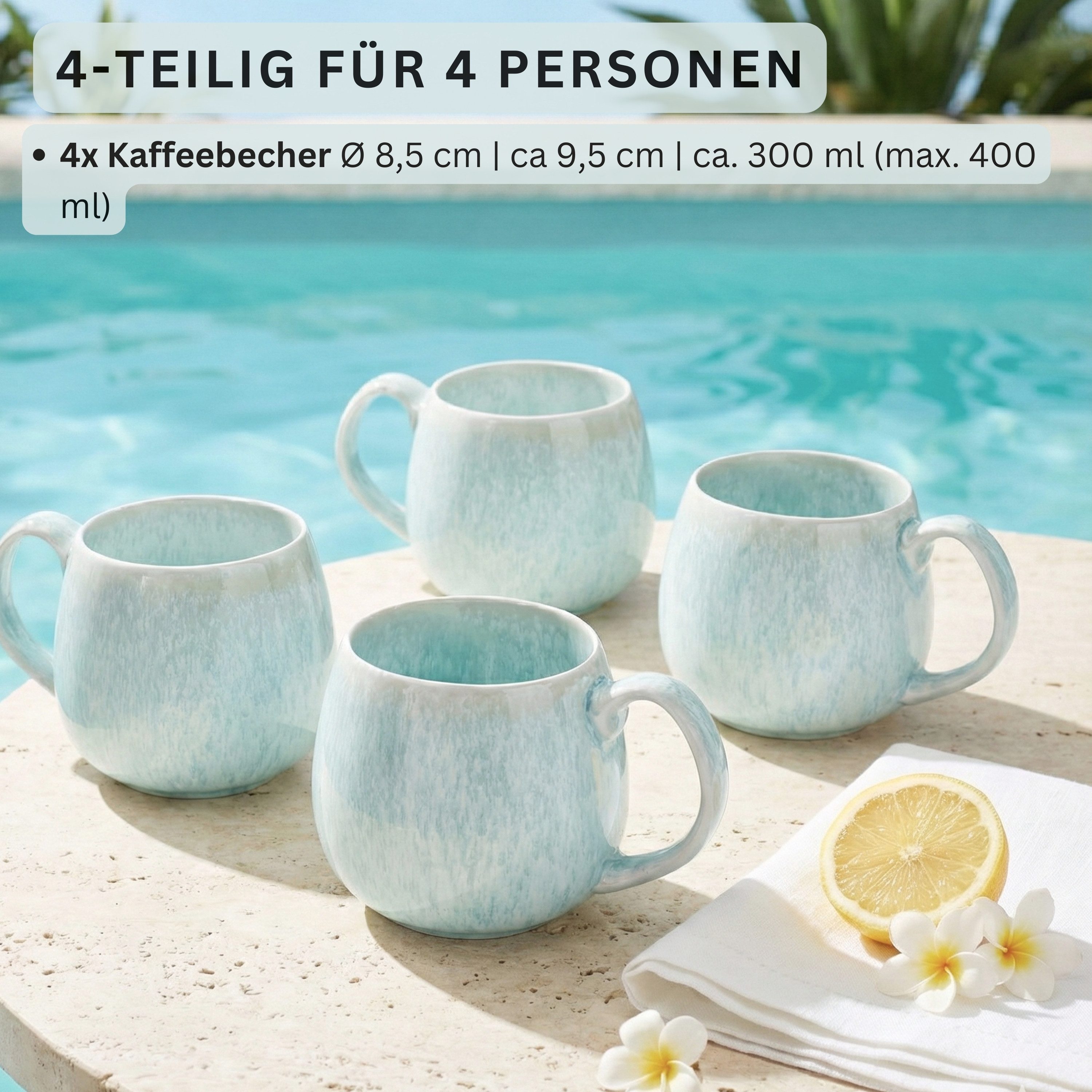 SÄNGER Tafelservice Paros (4-tlg), 4 Personen, Steingut, Blau Türkis, Handmade Premium Collection