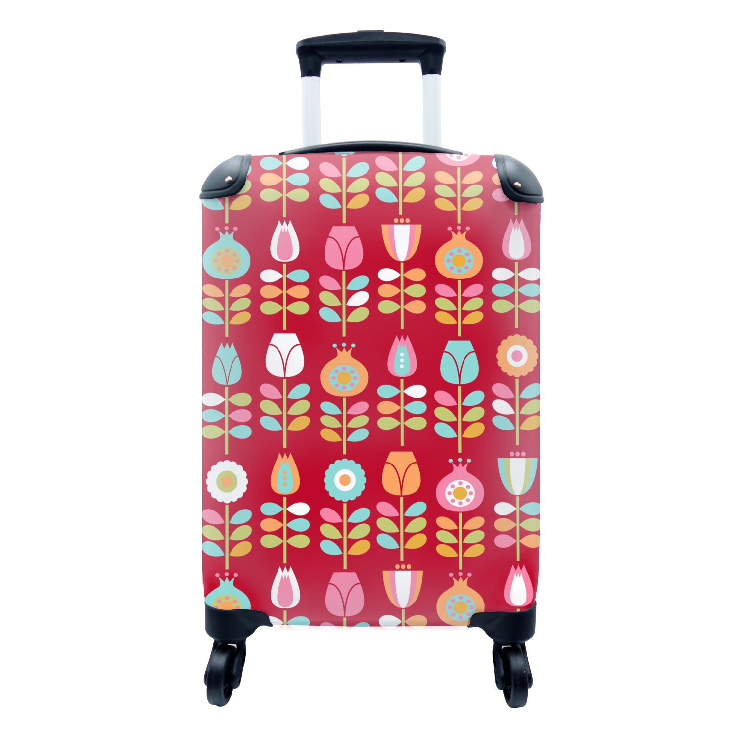 MuchoWow Handgepäckkoffer Muster - Blumen - Retro - Rot, 4 Rollen, Reisetasche mit rollen, Handgepäck für Ferien, Trolley, Reisekoffer