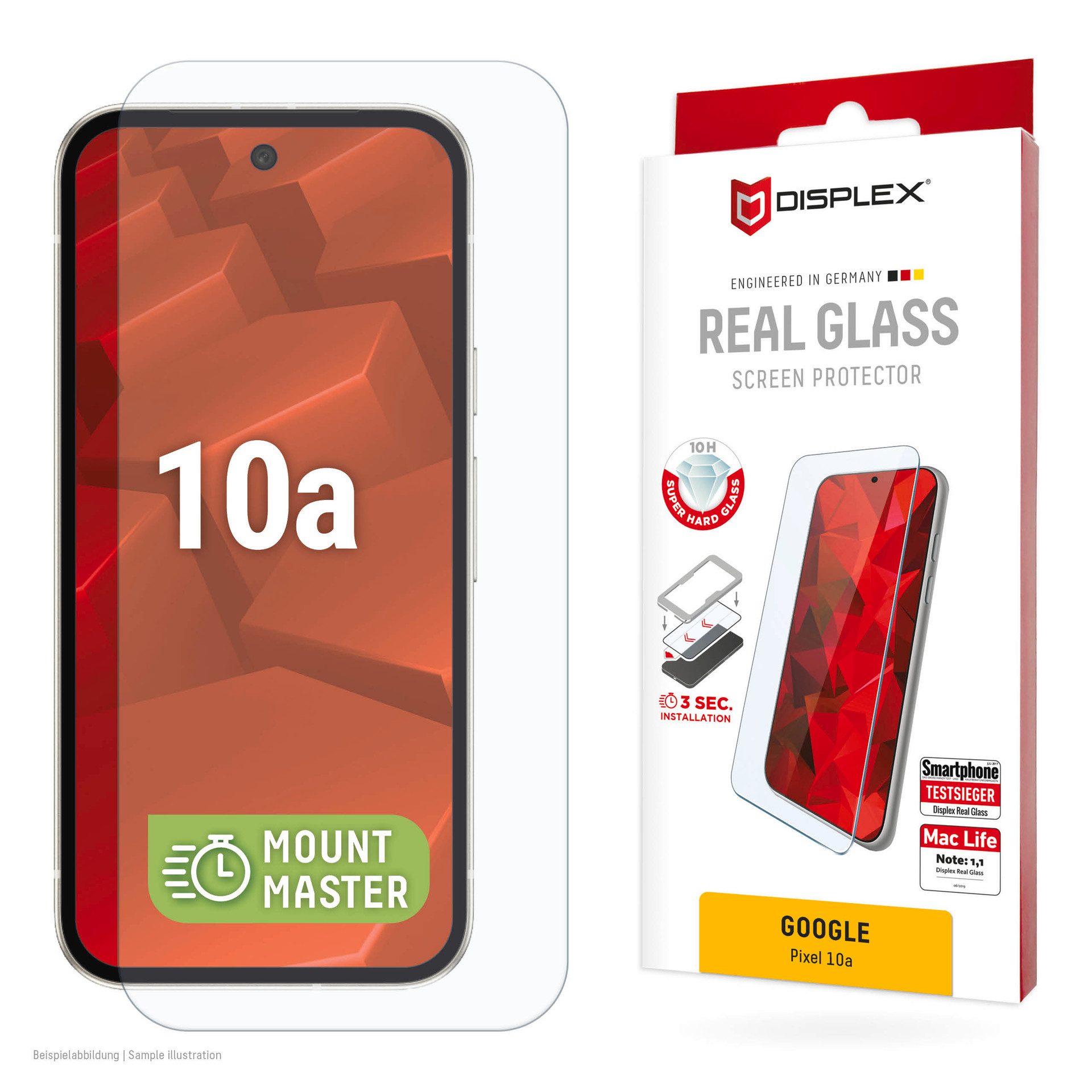 Displex Displayschutzglas Real Glass Screen Protector mit MountMaster für Google Pixel 10a, Displayschutzfolie, Schutzfolie, Bildschirmschutz, kratz- & stoßfest