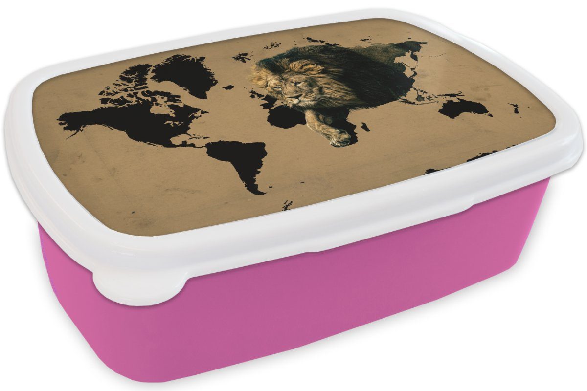 Lunchbox Löwe, Brotdose Kunststoff, - rosa (2-tlg), Erwachsene, Brotbox - Kunststoff Mädchen, Braun MuchoWow für Kinder, Weltkarte Snackbox,