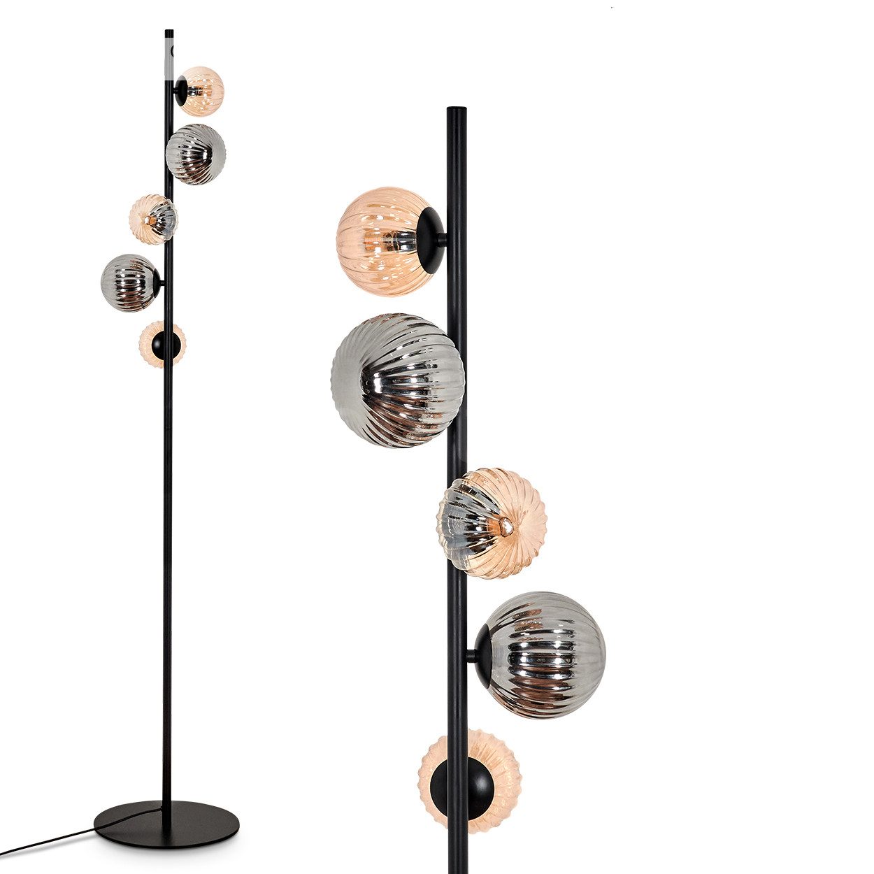 Stehlampe Stehlampe aus Metall/Riffelglas in Schwarz/Rauch/Bernstein