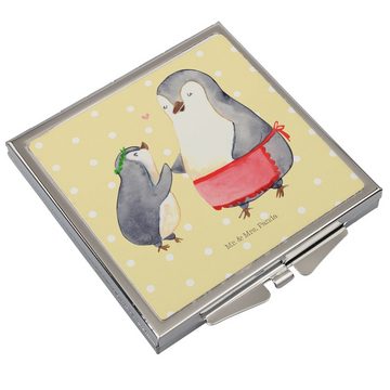 Mr. & Mrs. Panda Kosmetikspiegel Pinguin mit Kind - Gelb Pastell - Geschenk, silber, Schminkspiegel, s (1-St), Fröhlich & praktisch