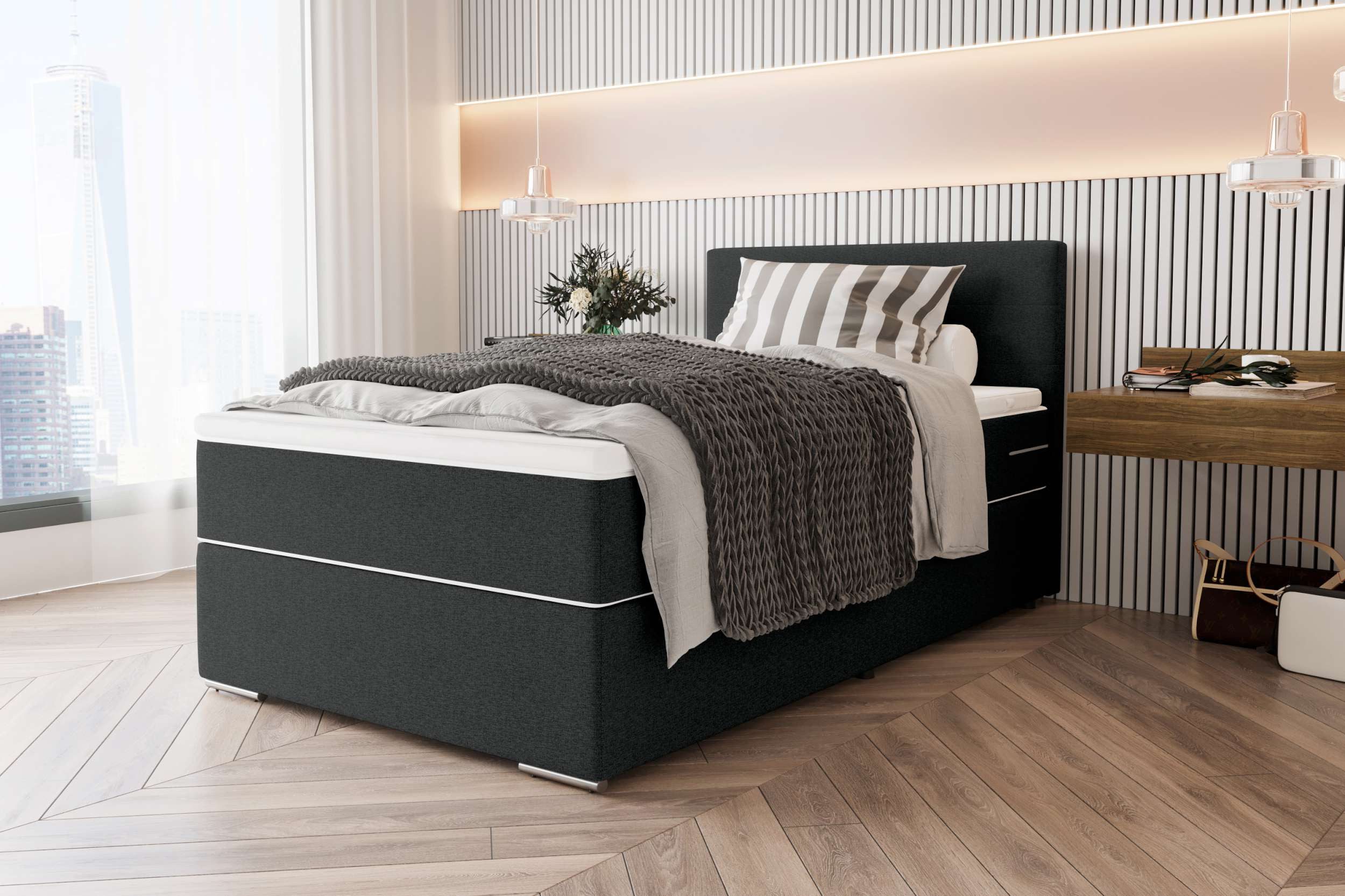 99rooms Boxspringbett Phönix Mini (Schlafzimmerbett, Bett), mit Taschenfederkernmatratze und Topper, in Webstoff MALMO_NEW