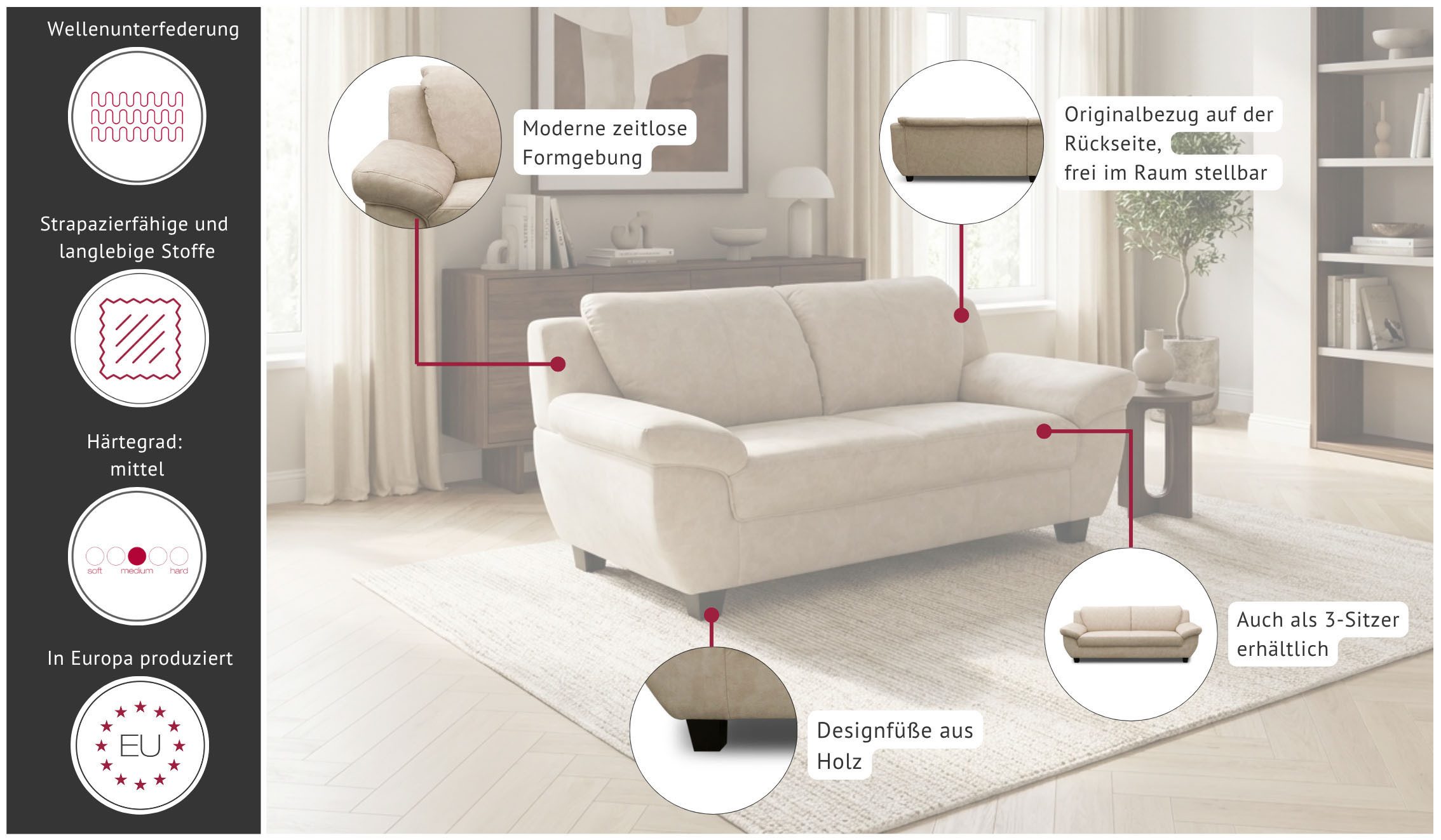 OTTO home 2-Sitzer Silkeborg 161 cm, formschönes Sofa mit dunklen Füßen, aus pflegeleichtem, weichem Luxus-Microfaser