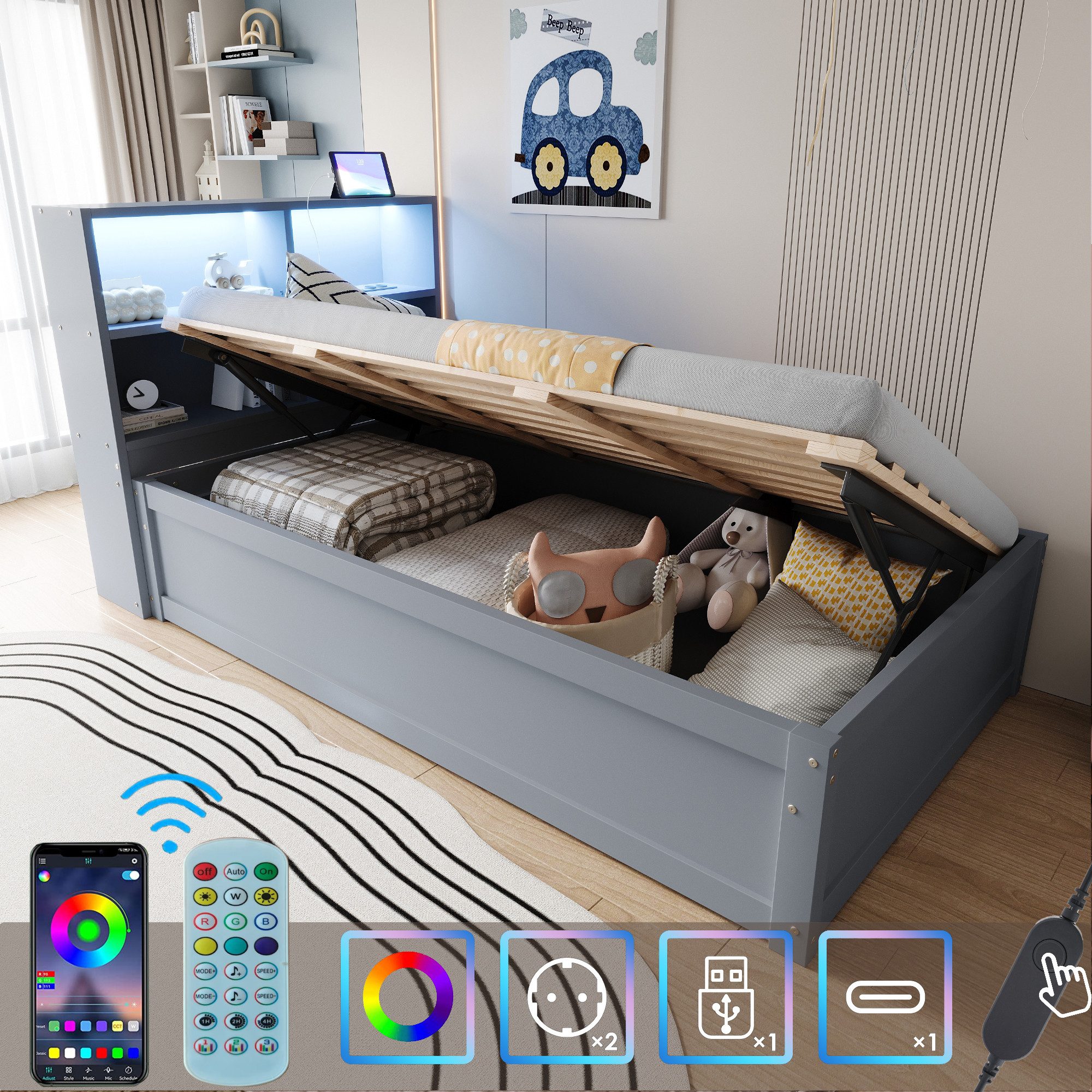 Flieks Kinderbett, Hydraulisches Stauraumbett 90x200cm mit Steckdose und Li günstig online kaufen