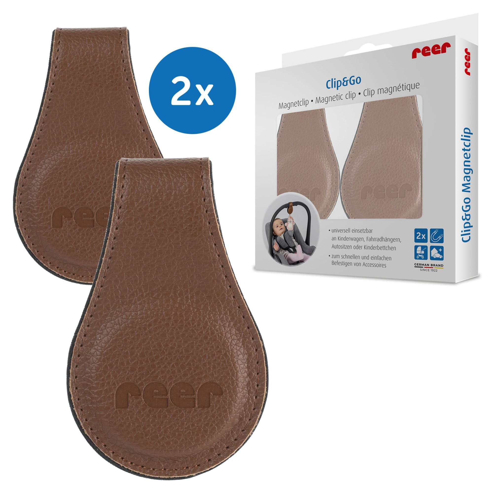 Reer Kinderwagenanhänger Clip&Go Magnetclips 2er Set Braun, ideal zum Befestigen von Tüchern