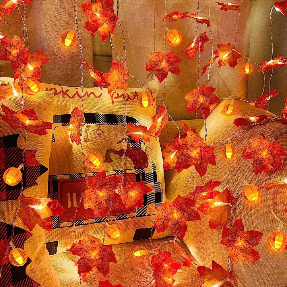 MUPOO LED-Lichterkette LED Nachtlicht Halloween Dekolicht, Thanksgiving Deko,1.5/3/6m,10/20/40LEDs,Batterie,Warmweiß, Kürbis LED Ahornblatt Girlande,für