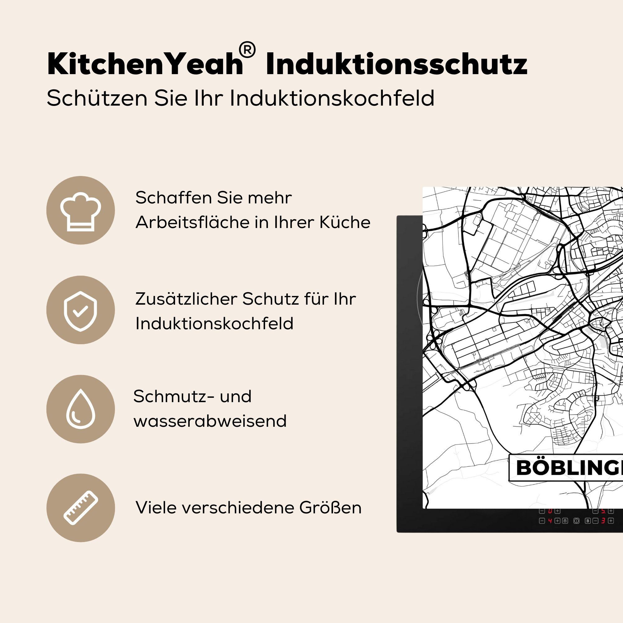 cm, für - Stadtplan, Ceranfeldabdeckung, Vinyl, MuchoWow Böblingen (1 Arbeitsplatte 78x78 - Herdblende-/Abdeckplatte tlg), küche Karte