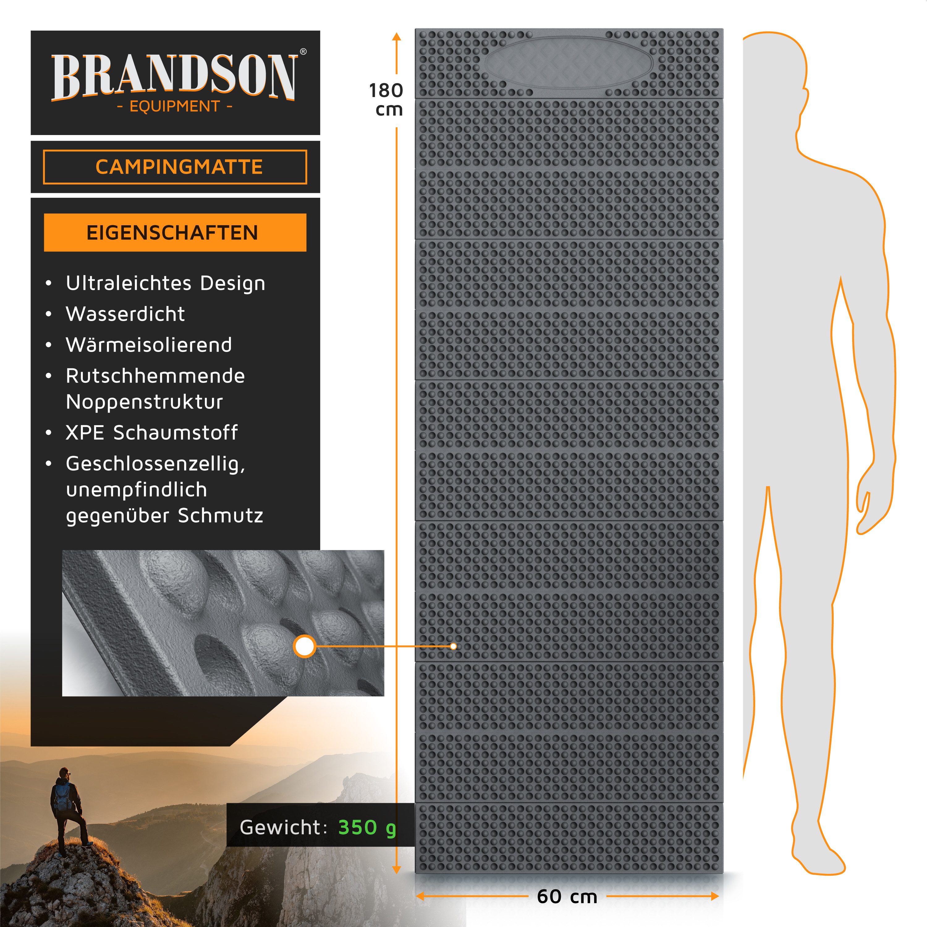 Brandson Isomatte faltbare Campingmatte, XPE, outdoor, wasserabweisend, ultraleicht, (1-tlg), Akkordeon-Falttechnik, rutschhemmende Noppen, 180x60x2 cm