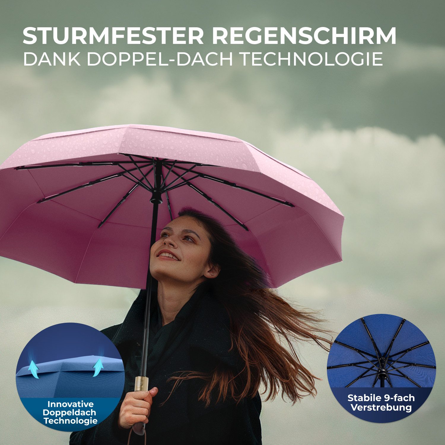 Logan & Barnes Taschenregenschirm Amsterdam, Sturmfest - zertifizierter Teflon-Beschichtung
