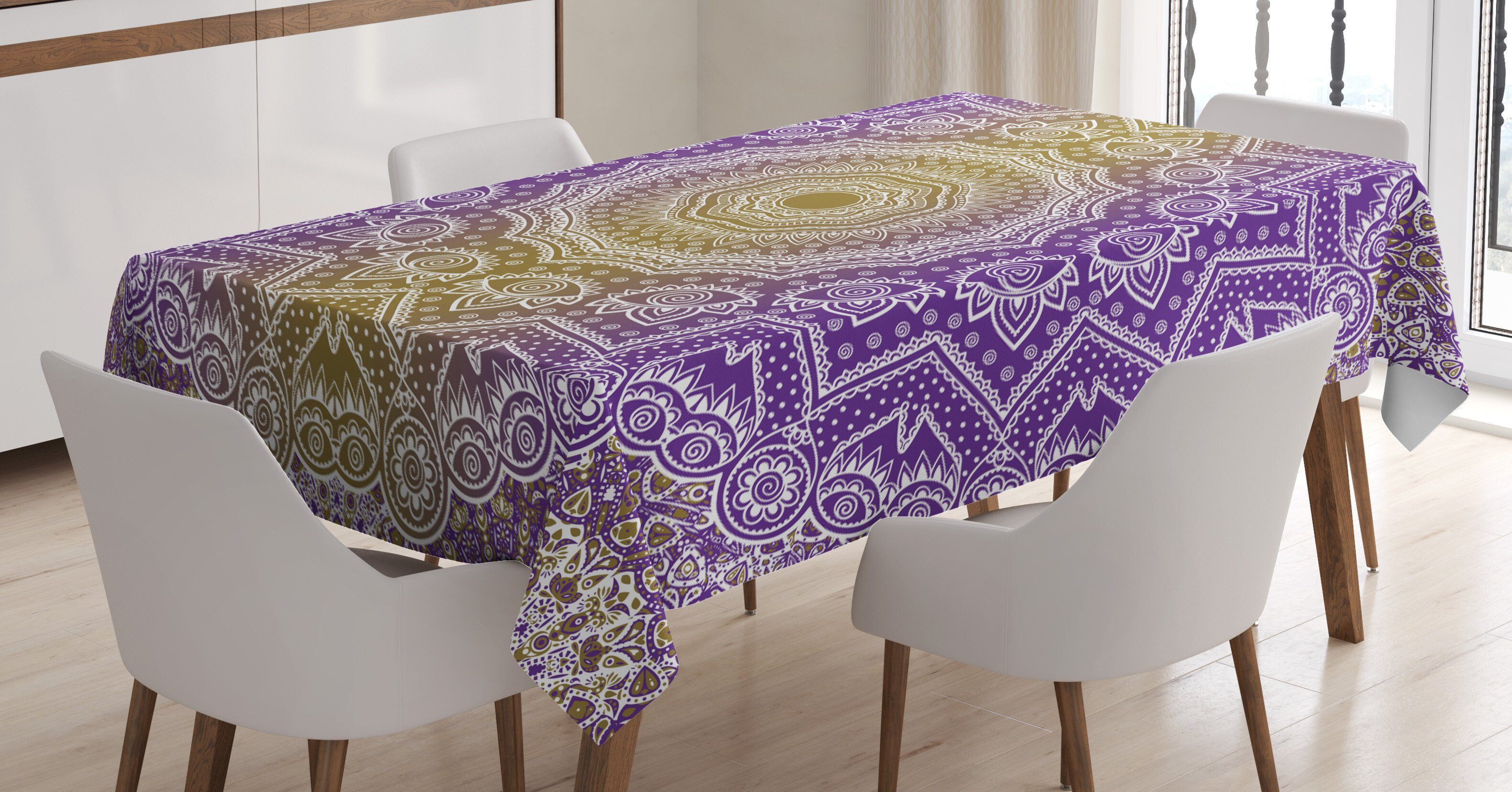 Mandala Abakuhaus Tischdecke Für Gelb Außen Waschbar Klare und Farbfest den Bereich geeignet Ombre Lila Farben,