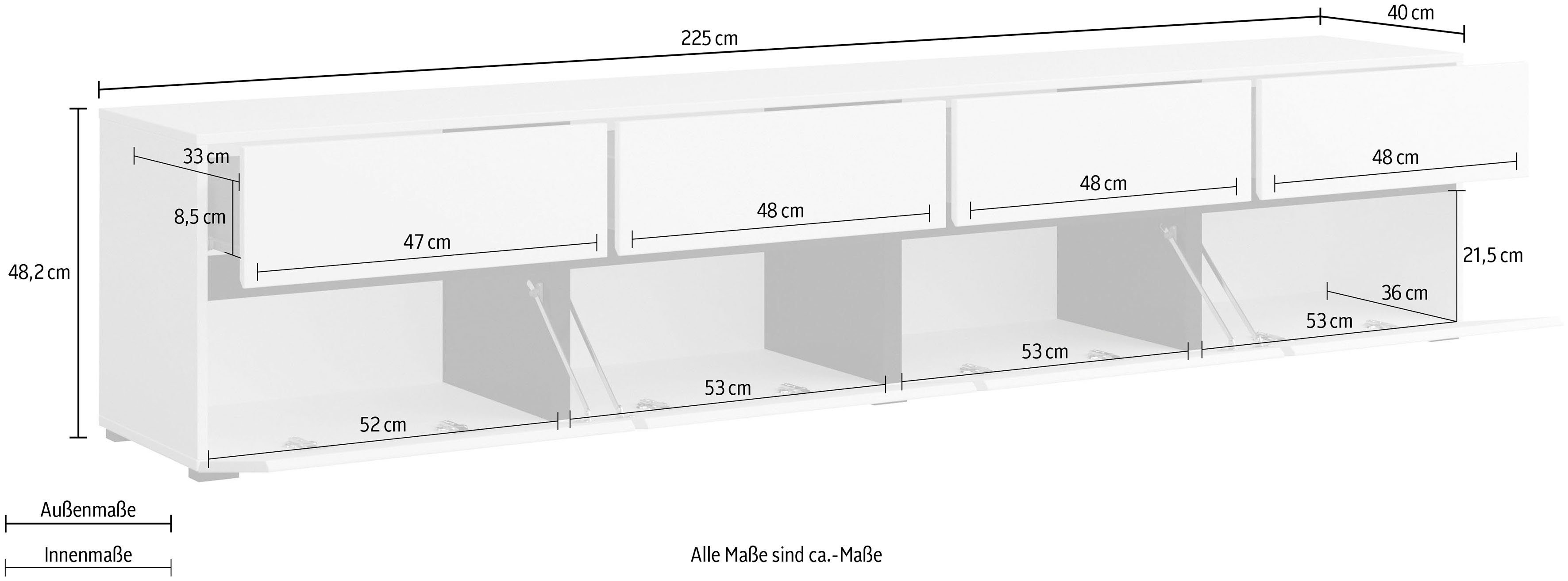 OTTO home Lowboard Cross, moderne grifflose TV-Kommode,4 Klappen/4 Schubkästen, Breite 225 cm, TV-Schrank mit viel Stauraum, TV-Board