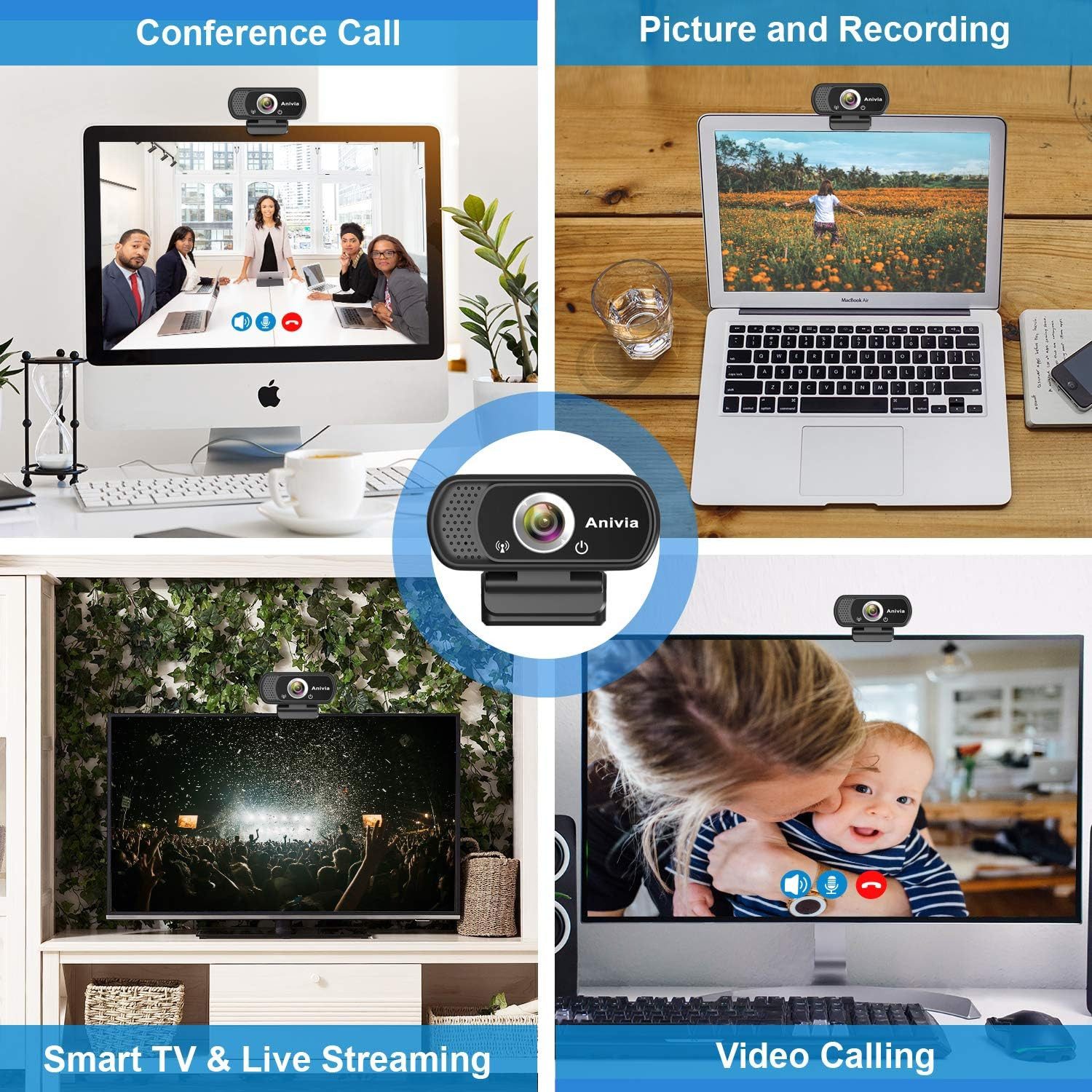 Anivia Full HD-Webcam (Full HD, Hochauflösende Videokamera, Hohe Auflösung x Rauschunterdrückung x Plug-and-Play)