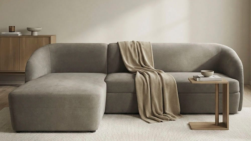 DOMO collection Ecksofa Orbis, modernes, klares Design mit schmalen, abgerundeten Armlehnen, whlw. mit Bettfunktion u./o. Bettkasten, aus Luxus- Microfaser