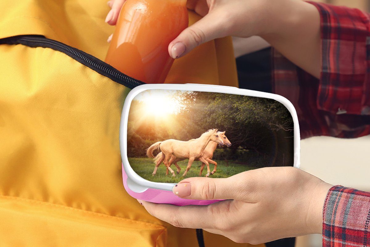 MuchoWow Lunchbox Pferde Wald für Brotbox Kunststoff Erwachsene, Kinder, Snackbox, (2-tlg), - Sonne, rosa Mädchen, - Brotdose Kunststoff