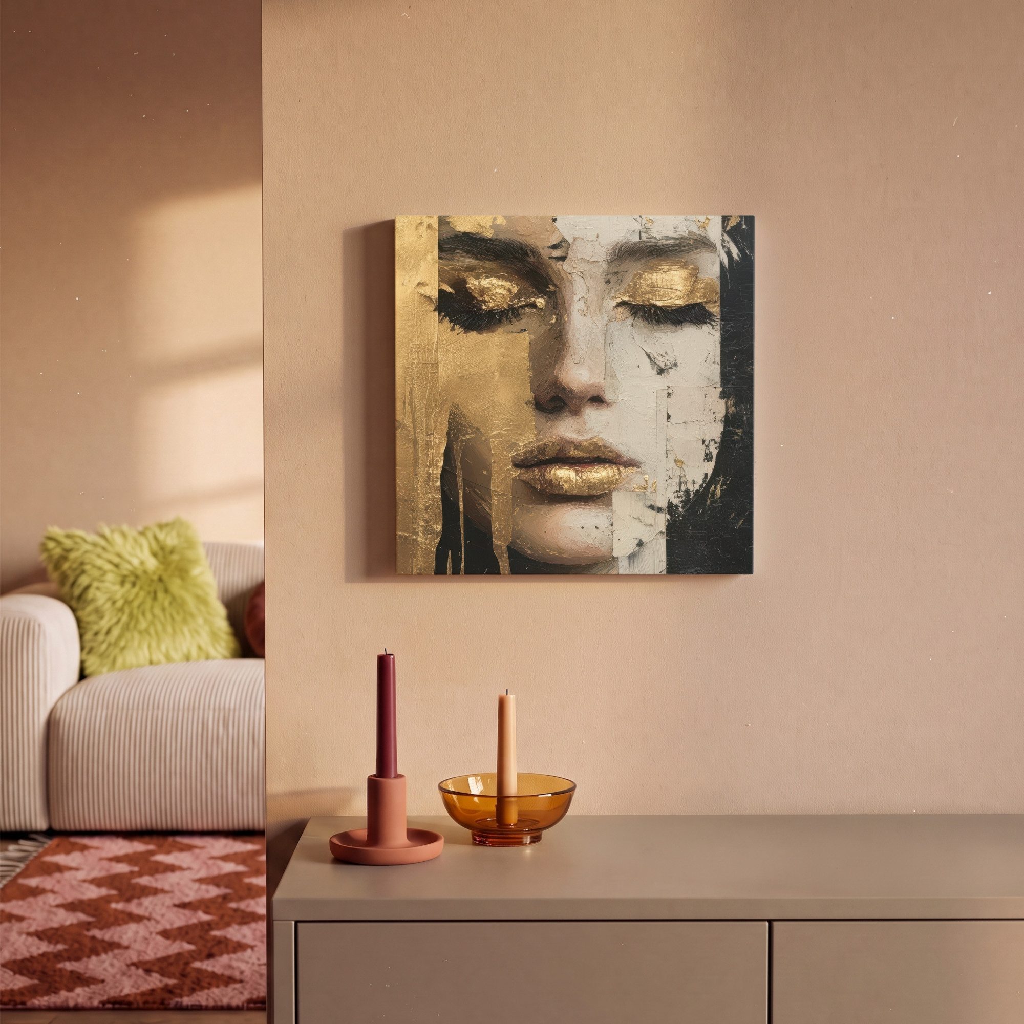 OneMillionCanvasses® Leinwandbild Abstrakt - Gold - Gesicht - Lippen, Fotodruck (1 St), Leinwand Canvas Wandbild, Wanddekoration 20x30 cm – Bild 2 von 5