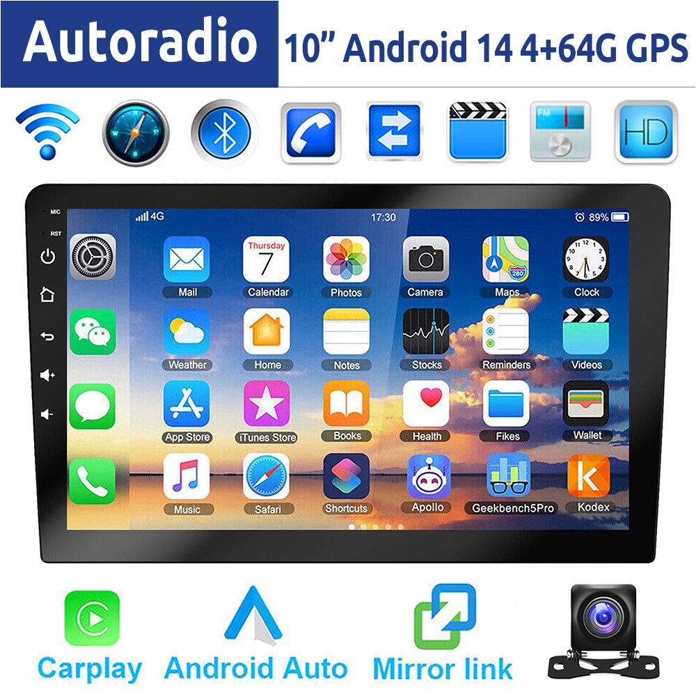ESSGOO 9/10 Zoll Doppel 2 DIN Android 14 Wireless Carplay Android Auto Autoradio (DAB+ (optional), FM, RDS, 4+64GB(optional), FM RDS Bluetooth EQ USB GPS Navi WIFI IPS Touchscreen Mirror Link SWC)