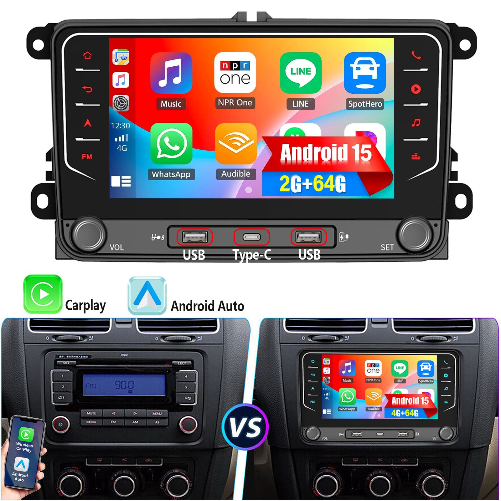 ESSGOO Für VW GOLF 5 6 Touran EOS Tiguan Polo 6R Passat Caddy 7" Android 15 Autoradio (DAB (optional), DAB+ (optional), 4+64G(optional), FM, RDS, Carplay Android Auto DAB (optional), RDS, FM, 4+64GB, SWC, GPS NAVI)